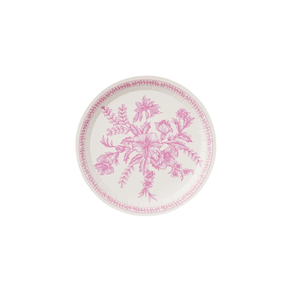 Pink toile paper plate with floral pattern on white background.