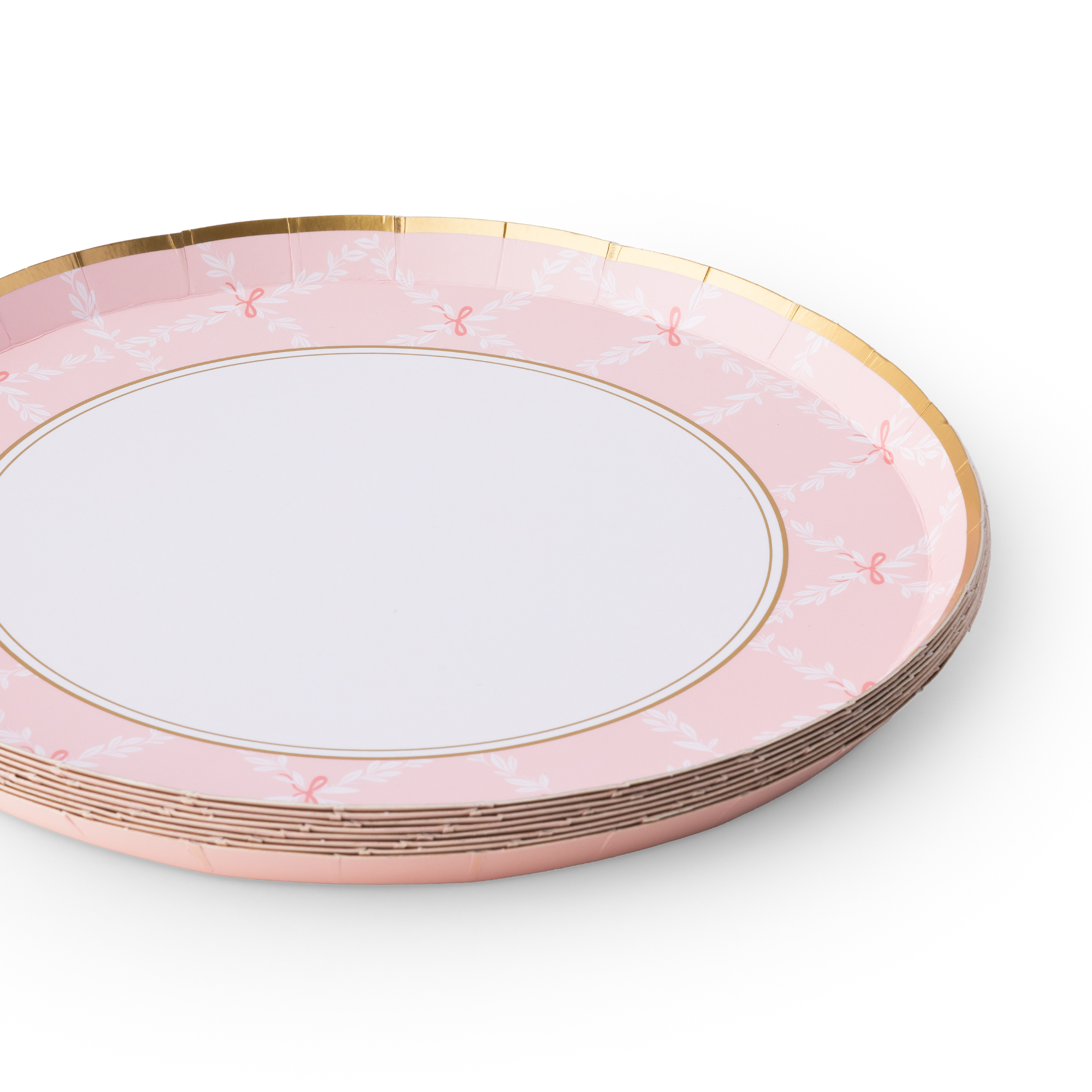 Stack of pink trellis small plates with gold rim detail