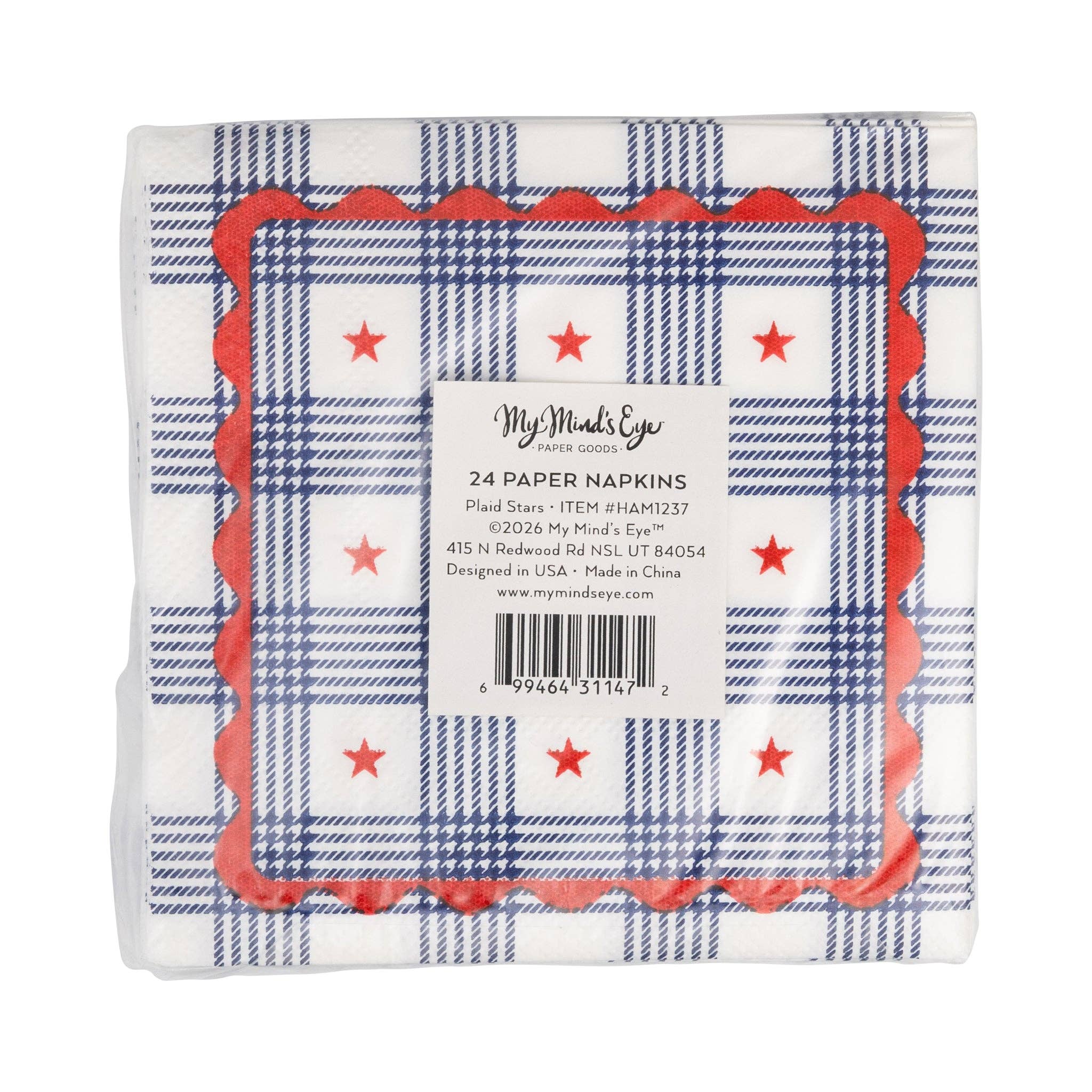 Back of plaid stars paper cocktail napkin packaging showing 24-count label