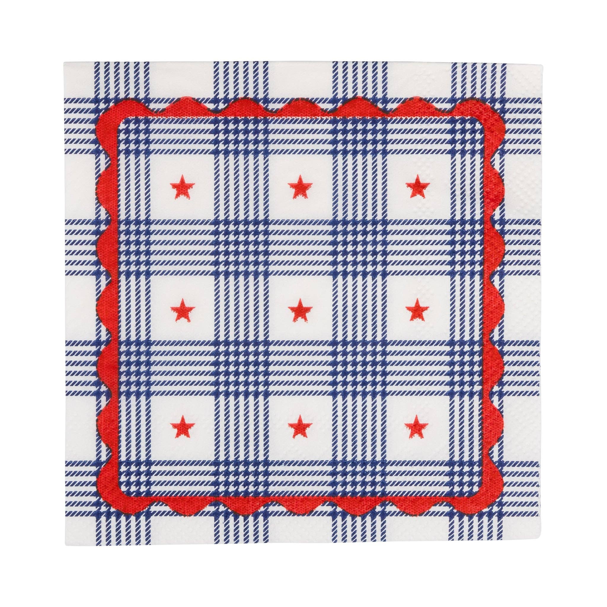 Single plaid stars paper cocktail napkin flat lay showing navy plaid pattern with red stars and scalloped border