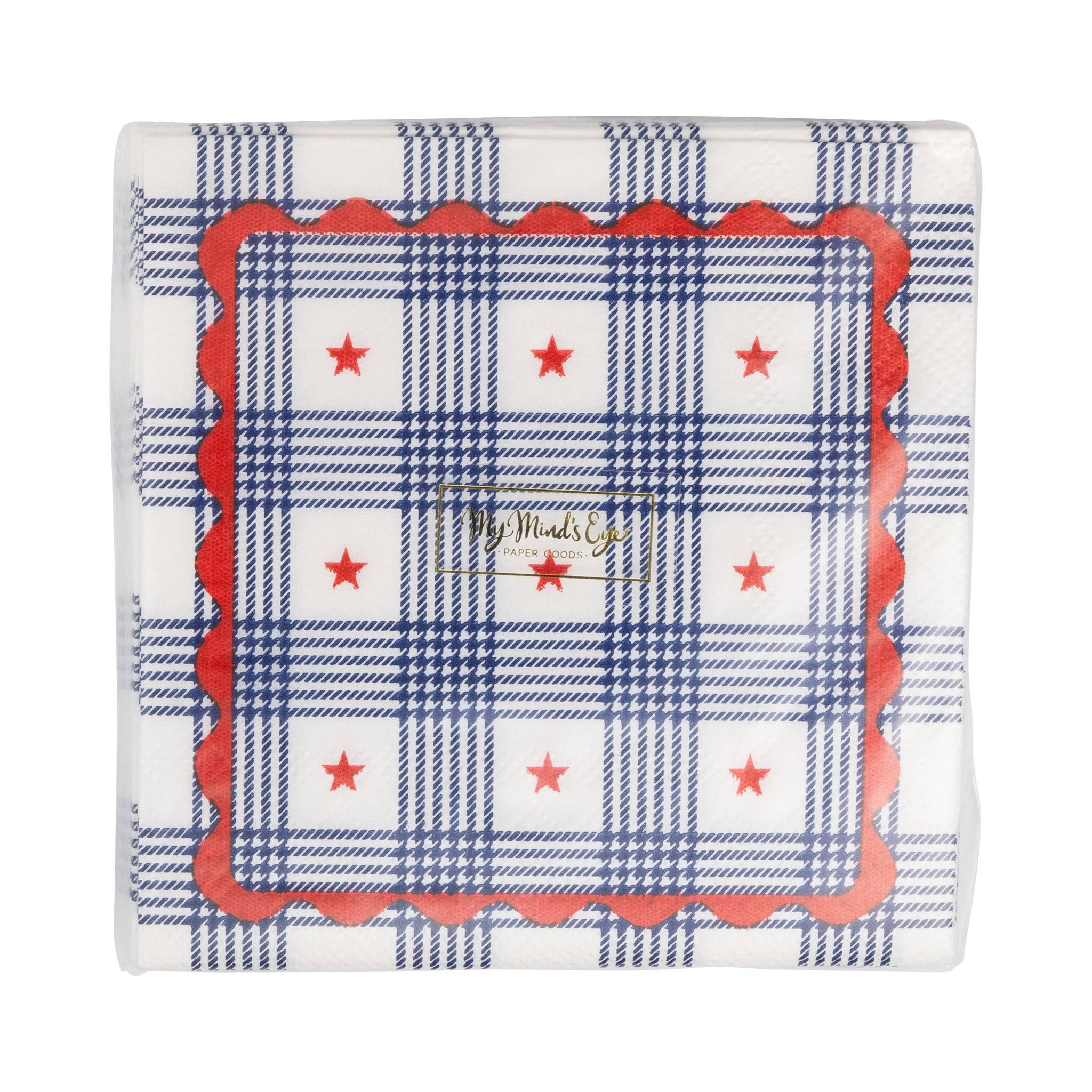 Front of plaid stars paper cocktail napkin package with gold foil logo