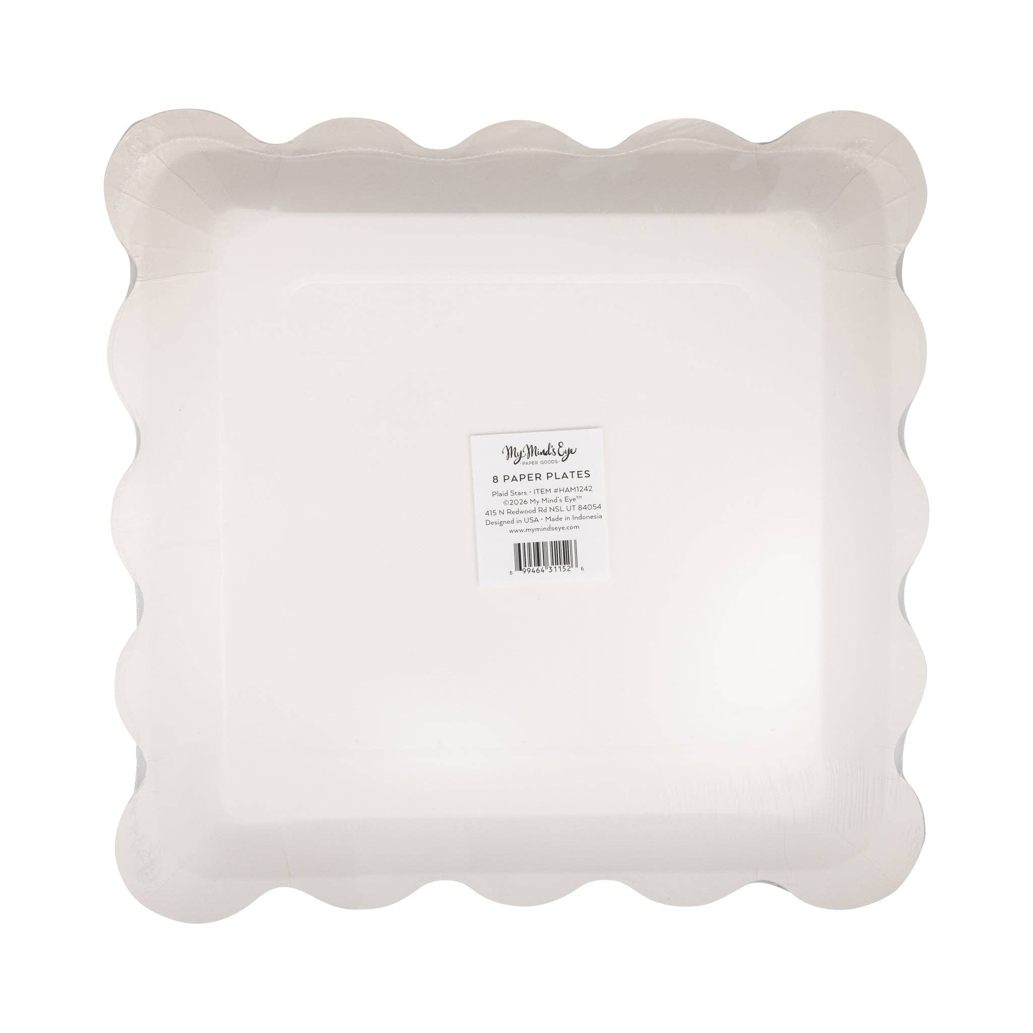 Back of plaid stars scalloped paper plate showing product label — 8 count, 11" size