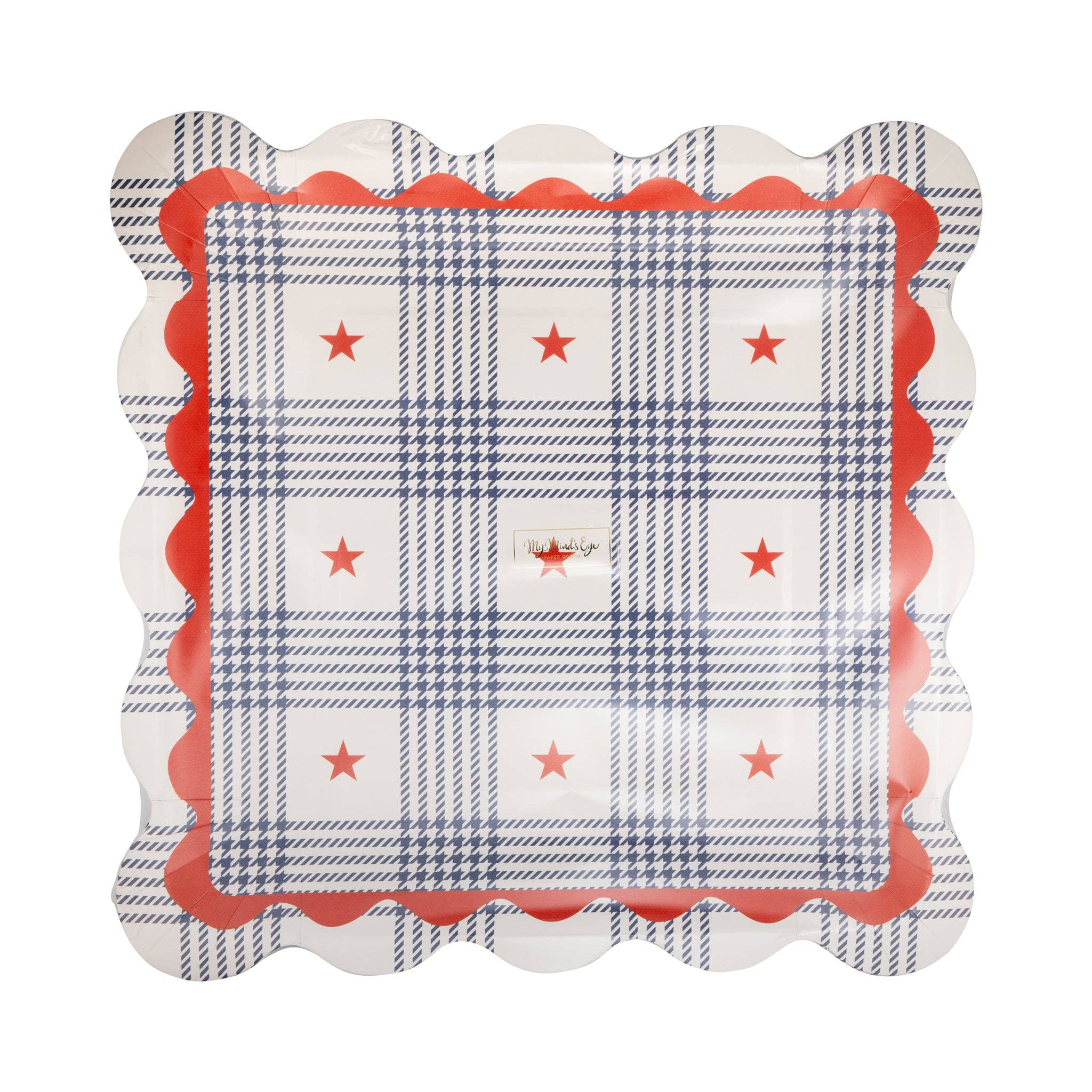 Single plaid stars scalloped paper plate showing blue plaid pattern with red stars and red scalloped border — product shot