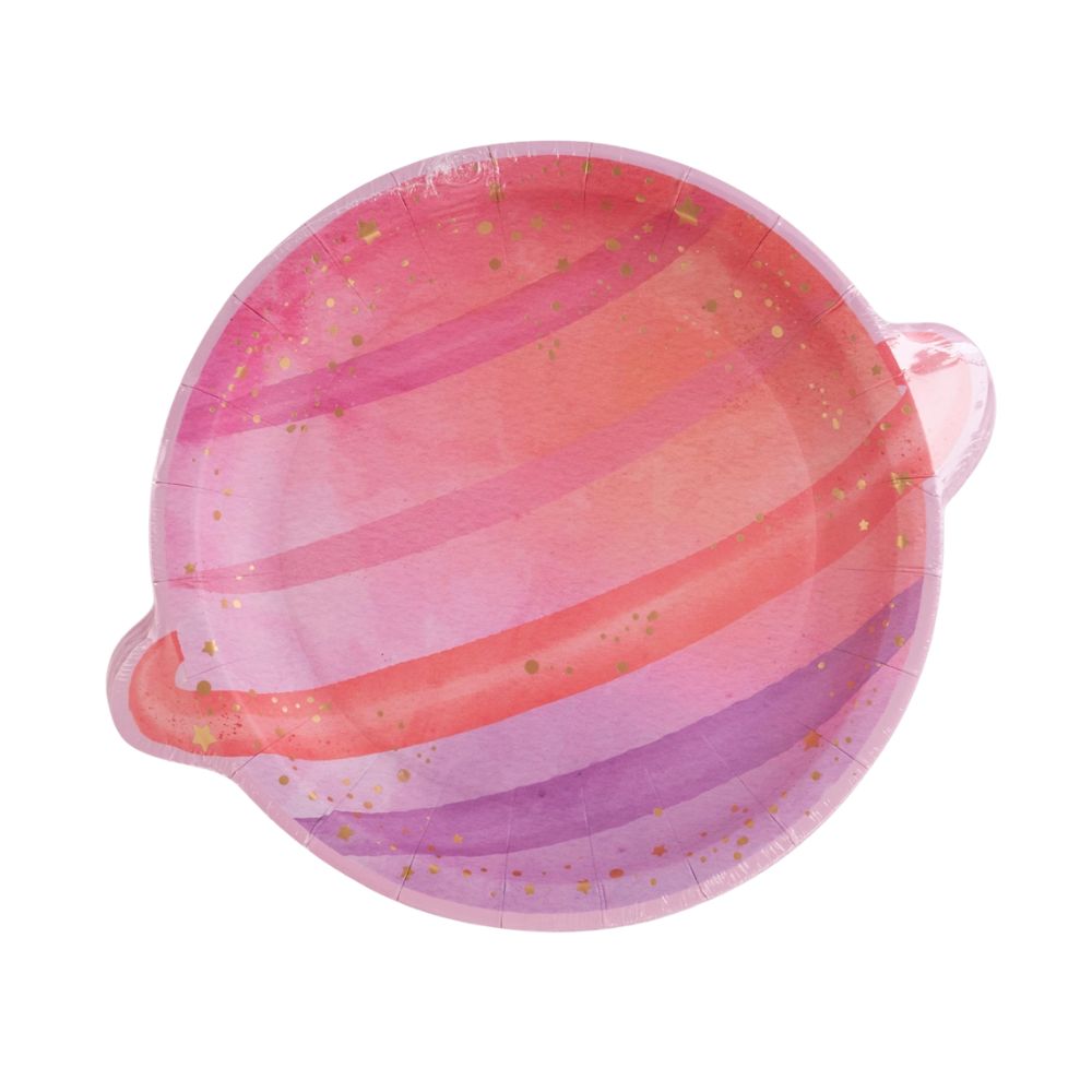 planet shaped paper plate with pink watercolor stripes and gold foil