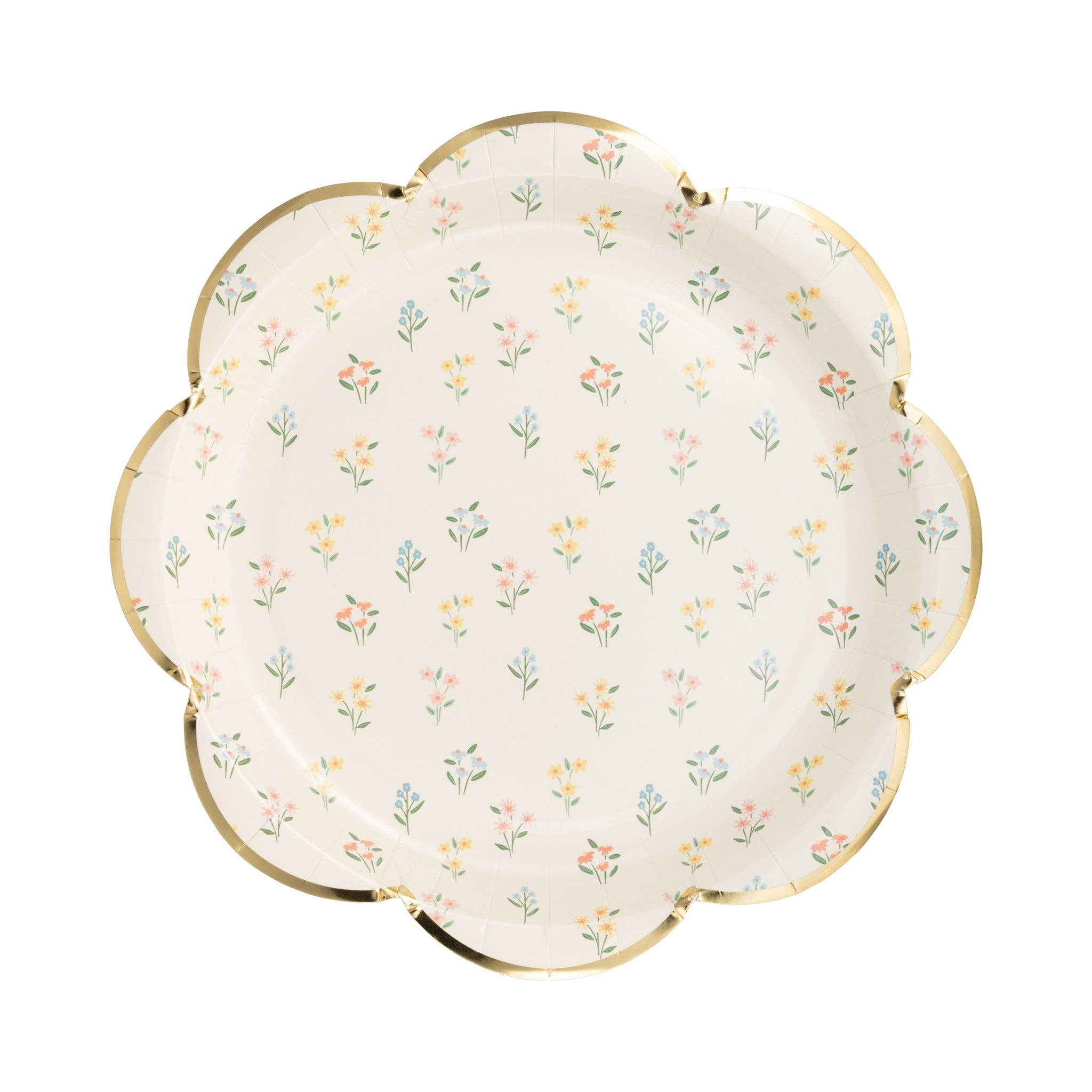 A single white paper plate with a dainty wildflower pattern and a gold-foiled scalloped edge, styled for an English garden theme.