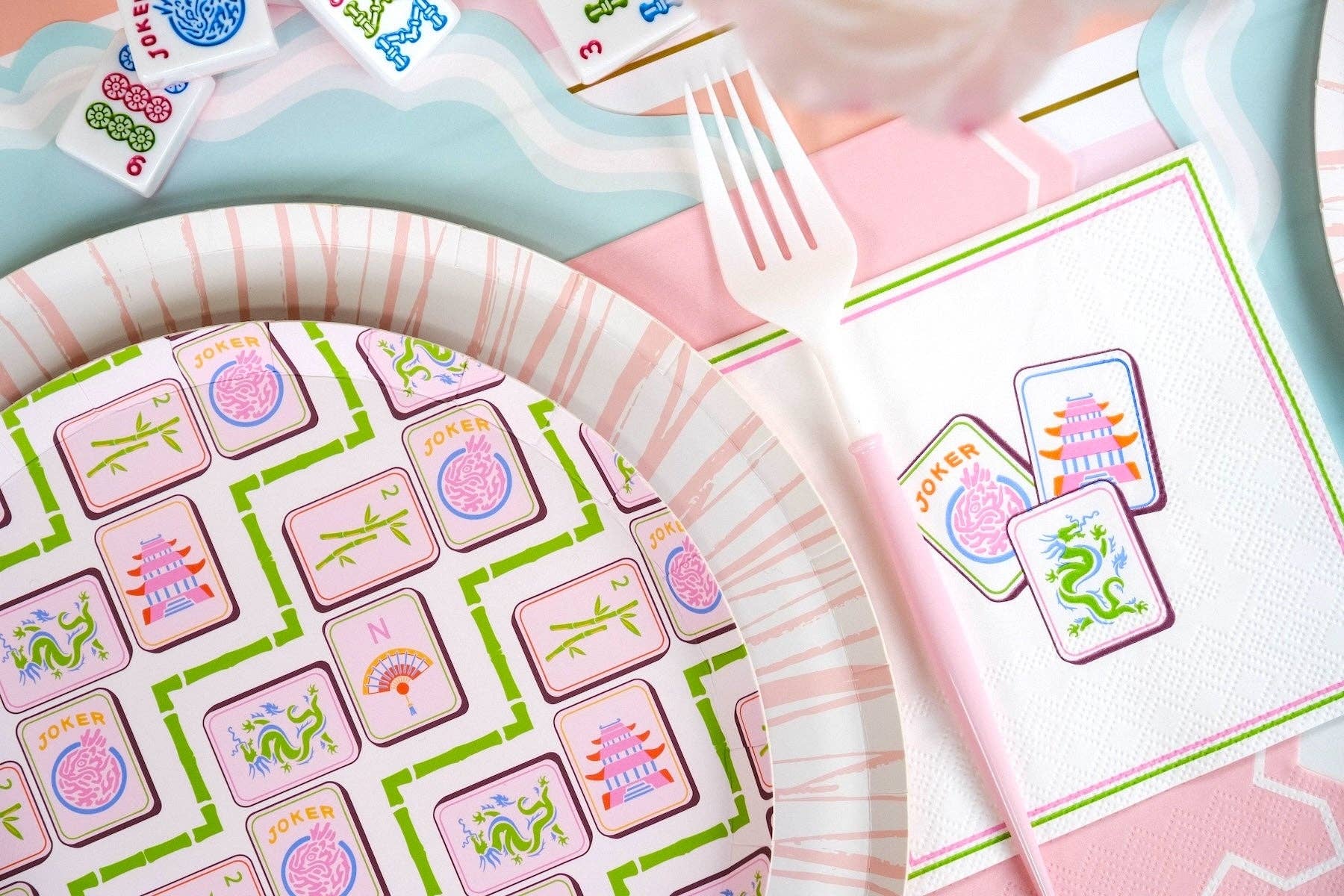 Mahjong Dessert Plates and Mahjong Cocktail Napkins styled for a Tournament Ready table.
