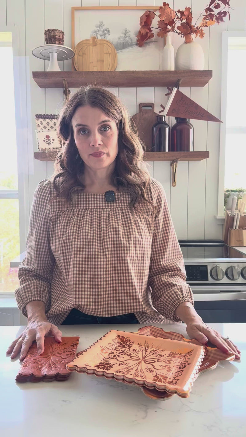 Quick look at Wheat Plaid 10" square paper plates—size, foil detail, and simple styling for Thanksgiving tables using coordinating party supplies.