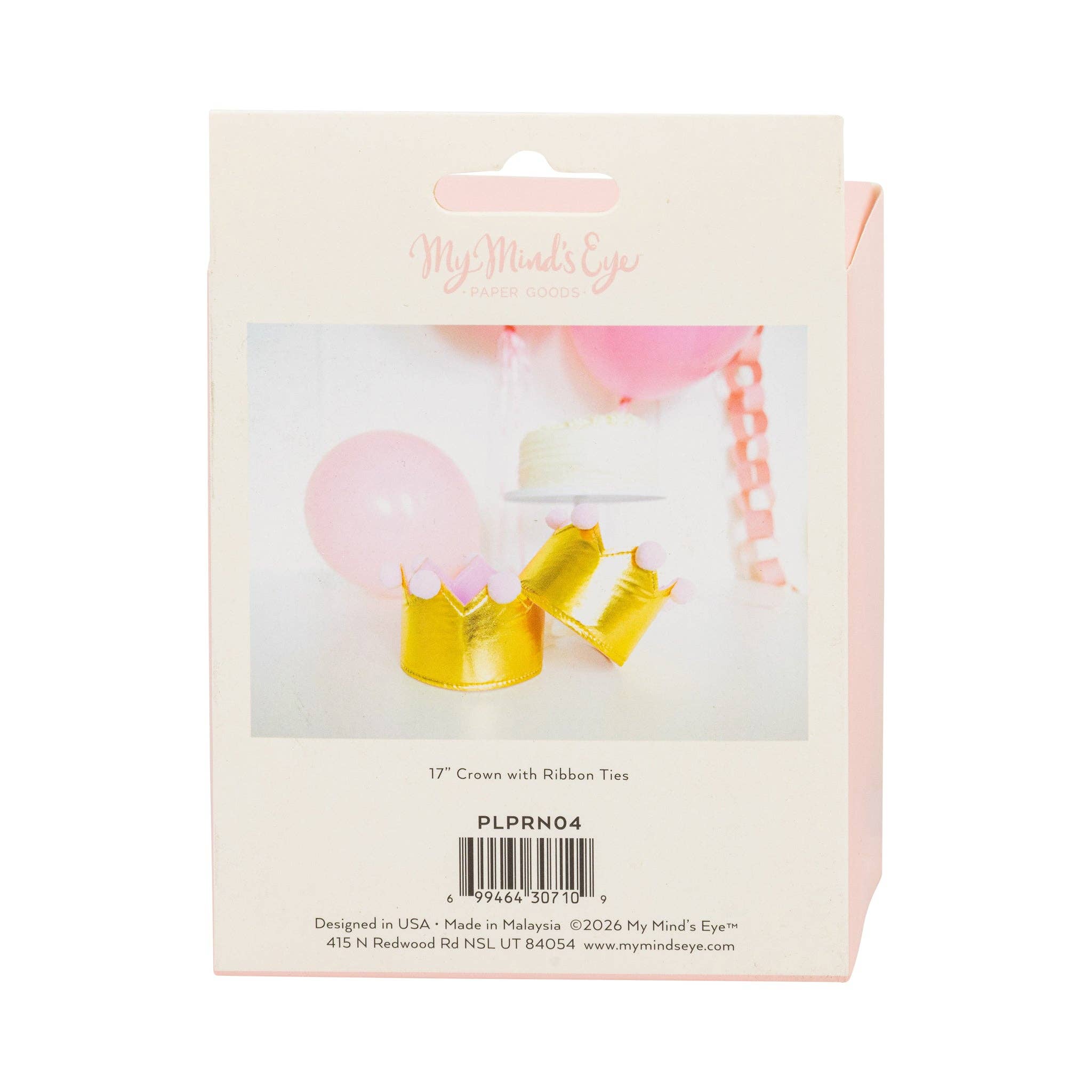 The back of the My Mind's Eye Princess Birthday Crown packaging showing product dimensions and barcode.