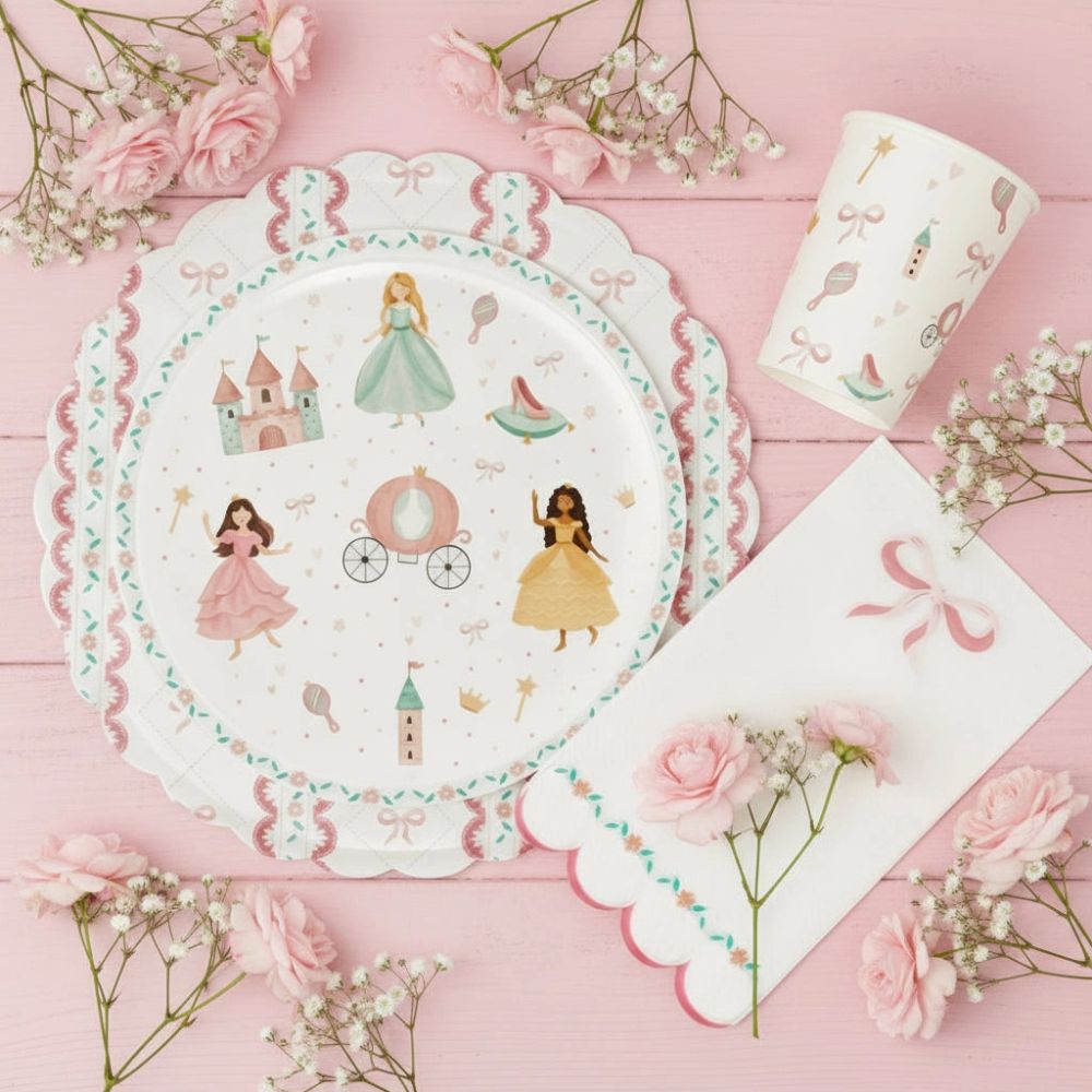 Princess themed plate layered over a large pink bow charger plate