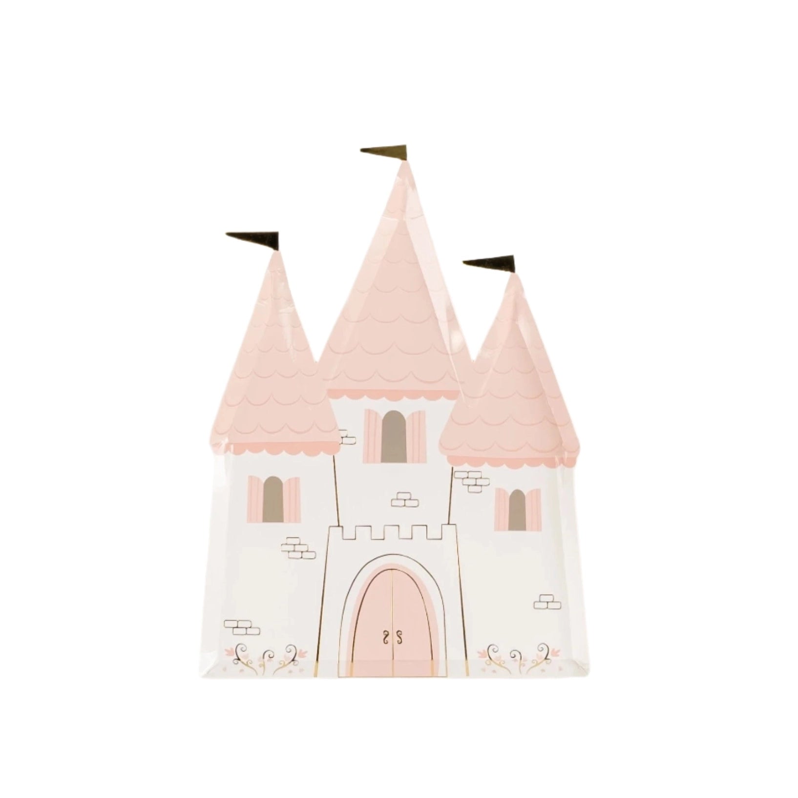 Clean product cutout of blush princess house plates with gold flags.