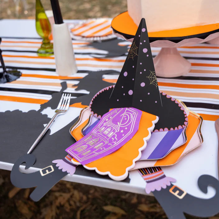 All Hallows Eve Guest Towels | Purple Coffin Napkins with Gold Foil Haunted House | Pack of 16 | Adult Halloween Bar Cart Décor, Spooky Chic Party