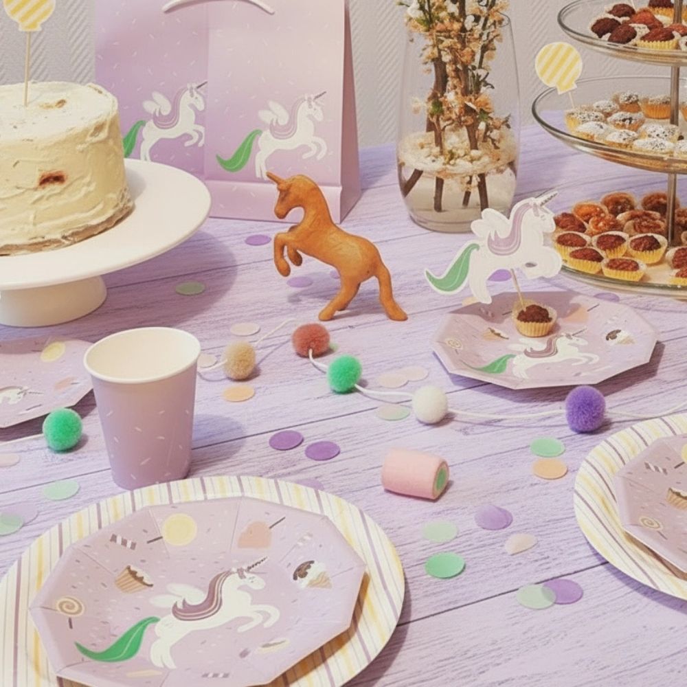 Unicorn themed dessert table with purple cups and matching favor bags