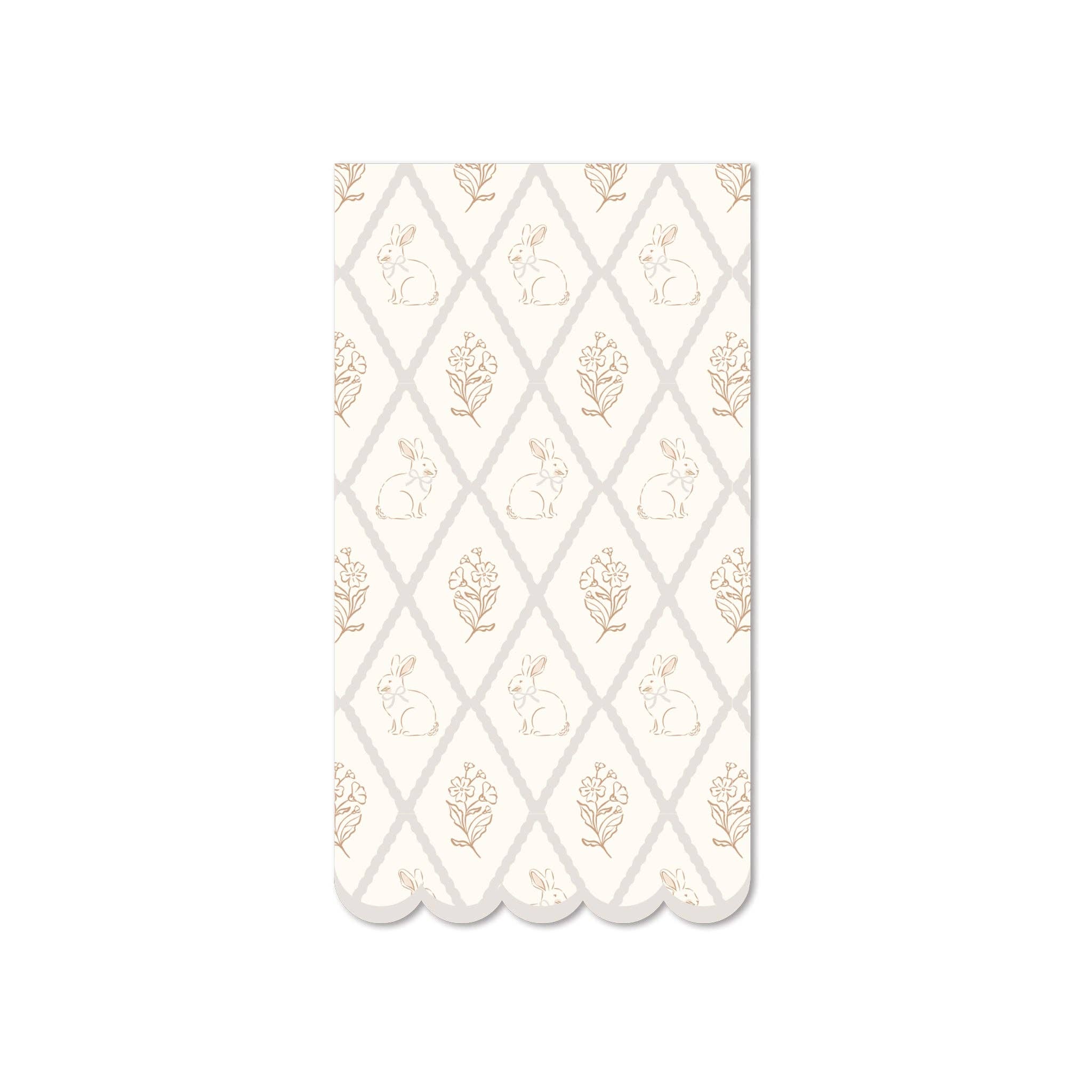 A single paper guest napkin featuring a tan and cream diamond trellis pattern with vintage bunnies and flowers.