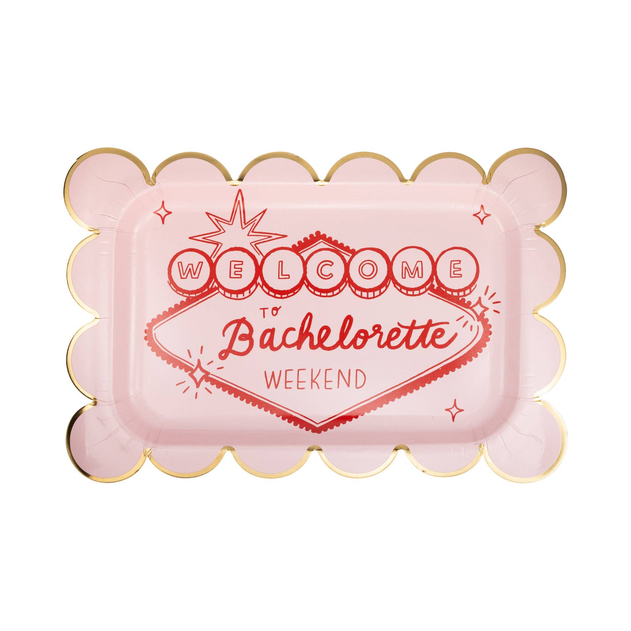 Close-up of a single Lucky in Love plate showing the gold foil accents and red script.