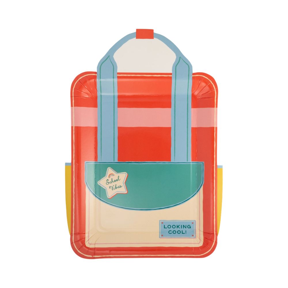 Red striped backpack shaped plate front view.