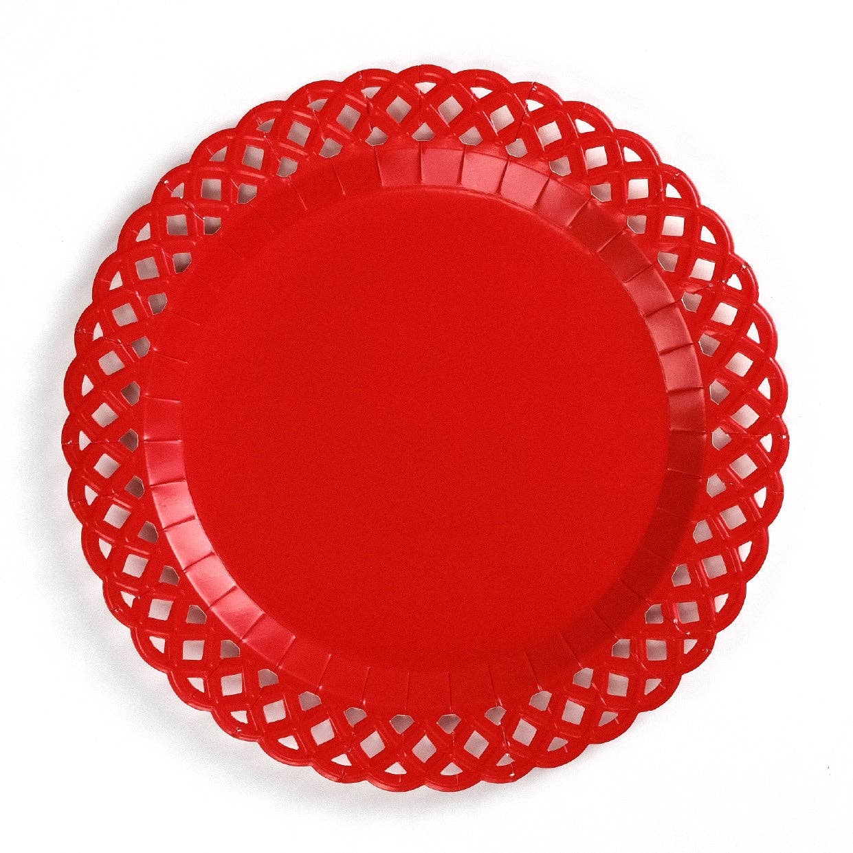 red basketweave dinner paper plate with embossed woven edge detail.