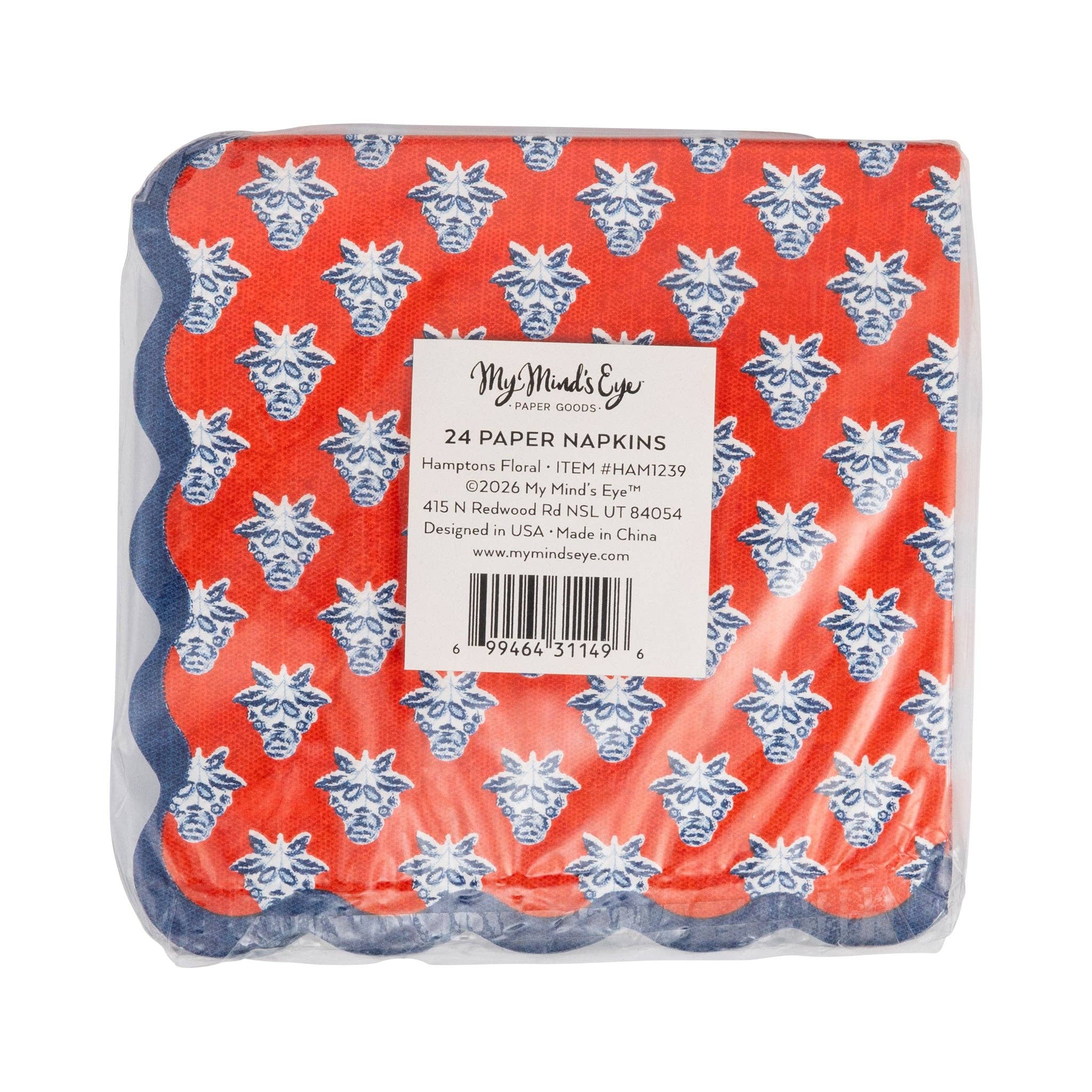  Red block-print floral paper cocktail napkins packaging back showing navy scalloped edge and product label — 24 count