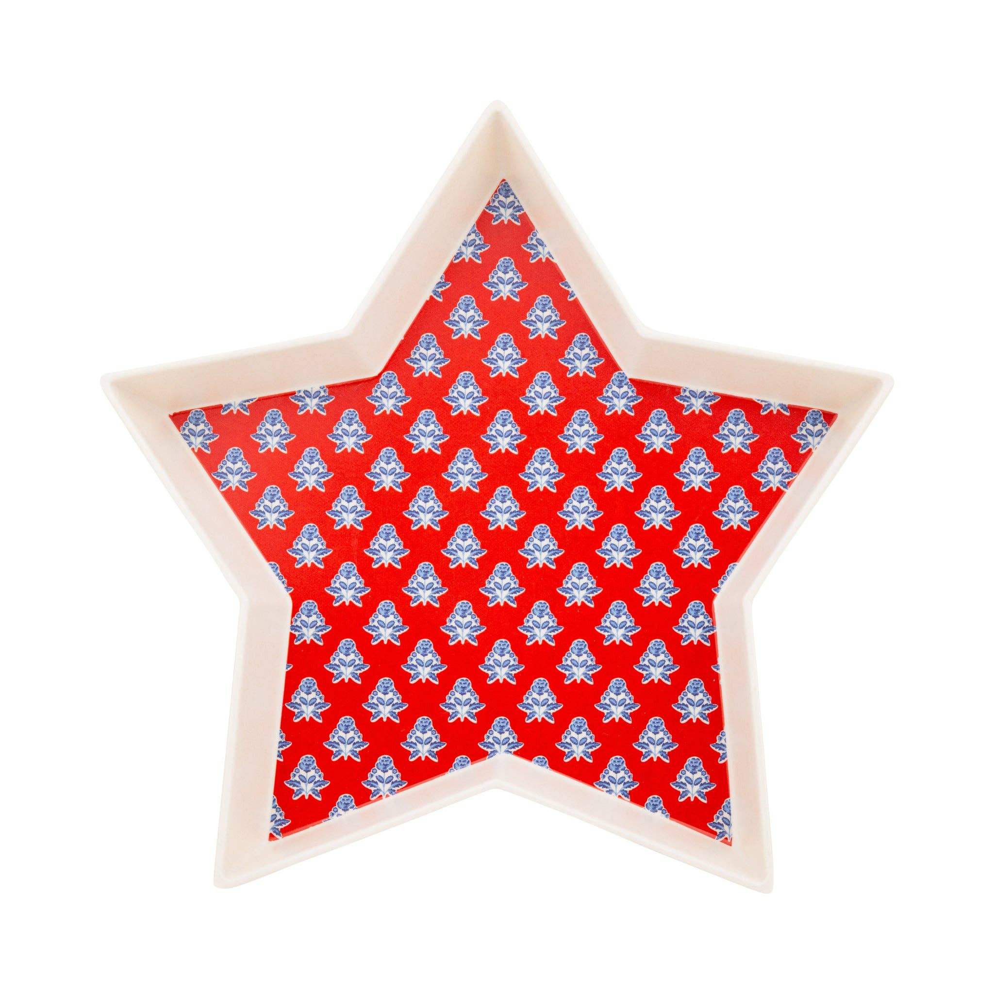 Red block print floral star shaped bamboo tray product shot on white background