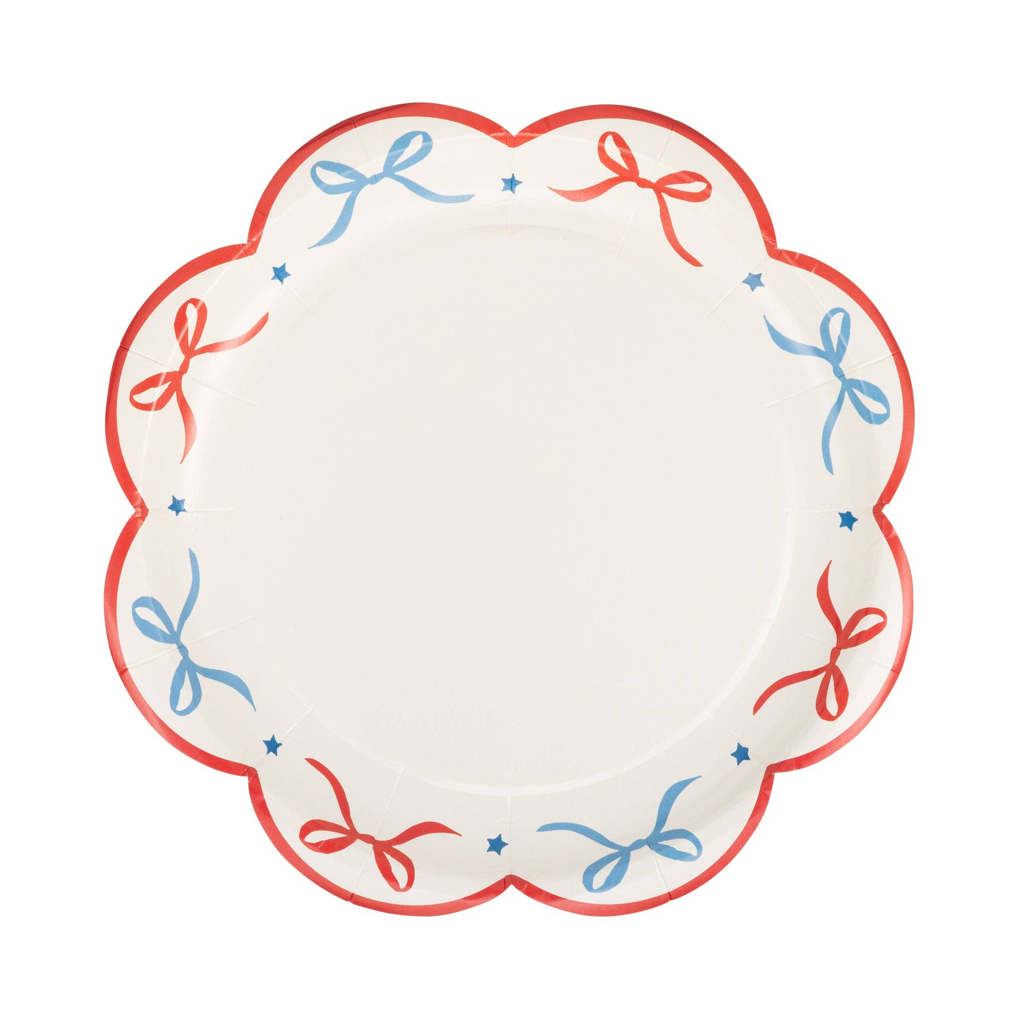 Single red and blue bow scalloped paper plate flat lay on white background showing full bow and star border design with red scalloped edge