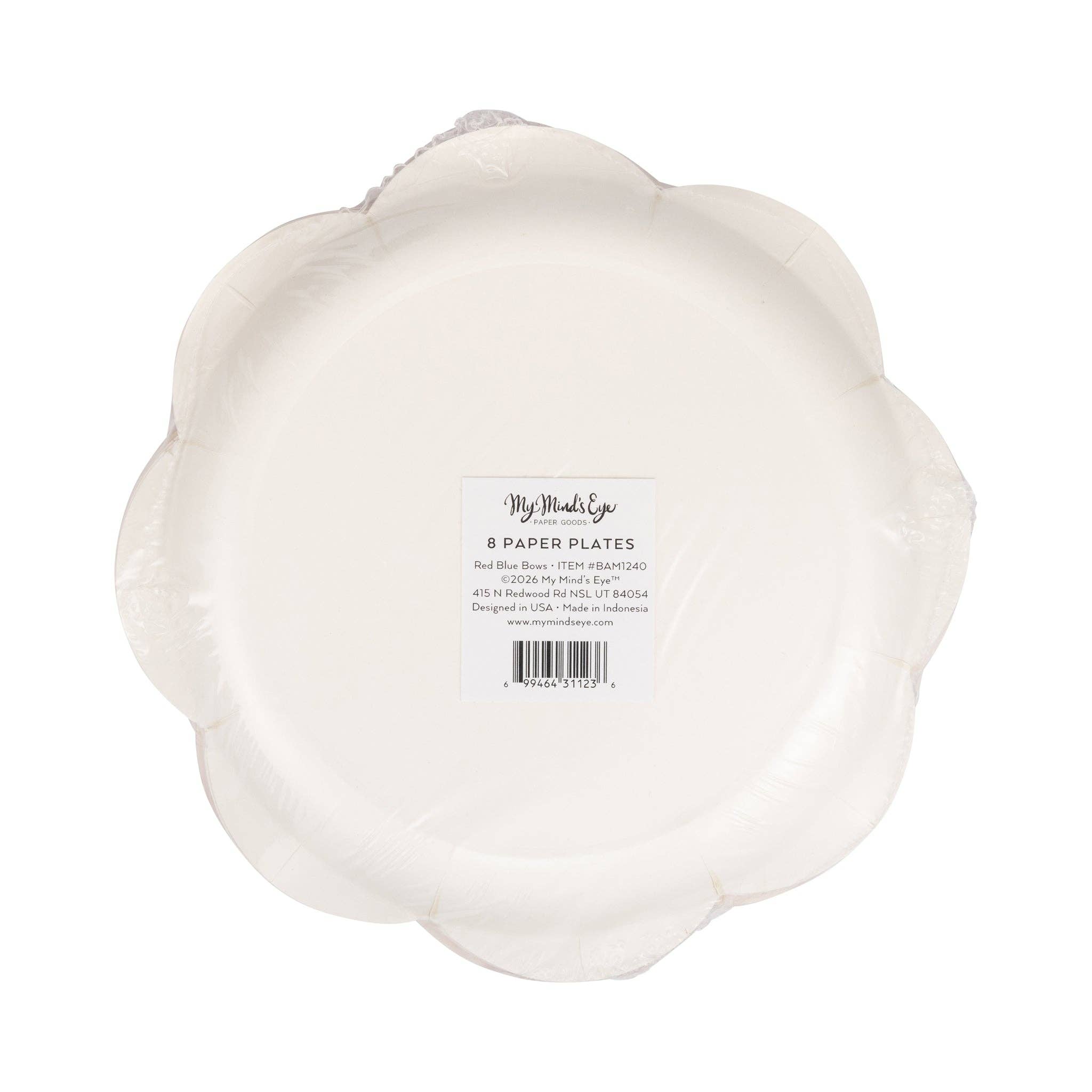 Back of red and blue bow scalloped paper plates showing white plate underside with product label and barcode