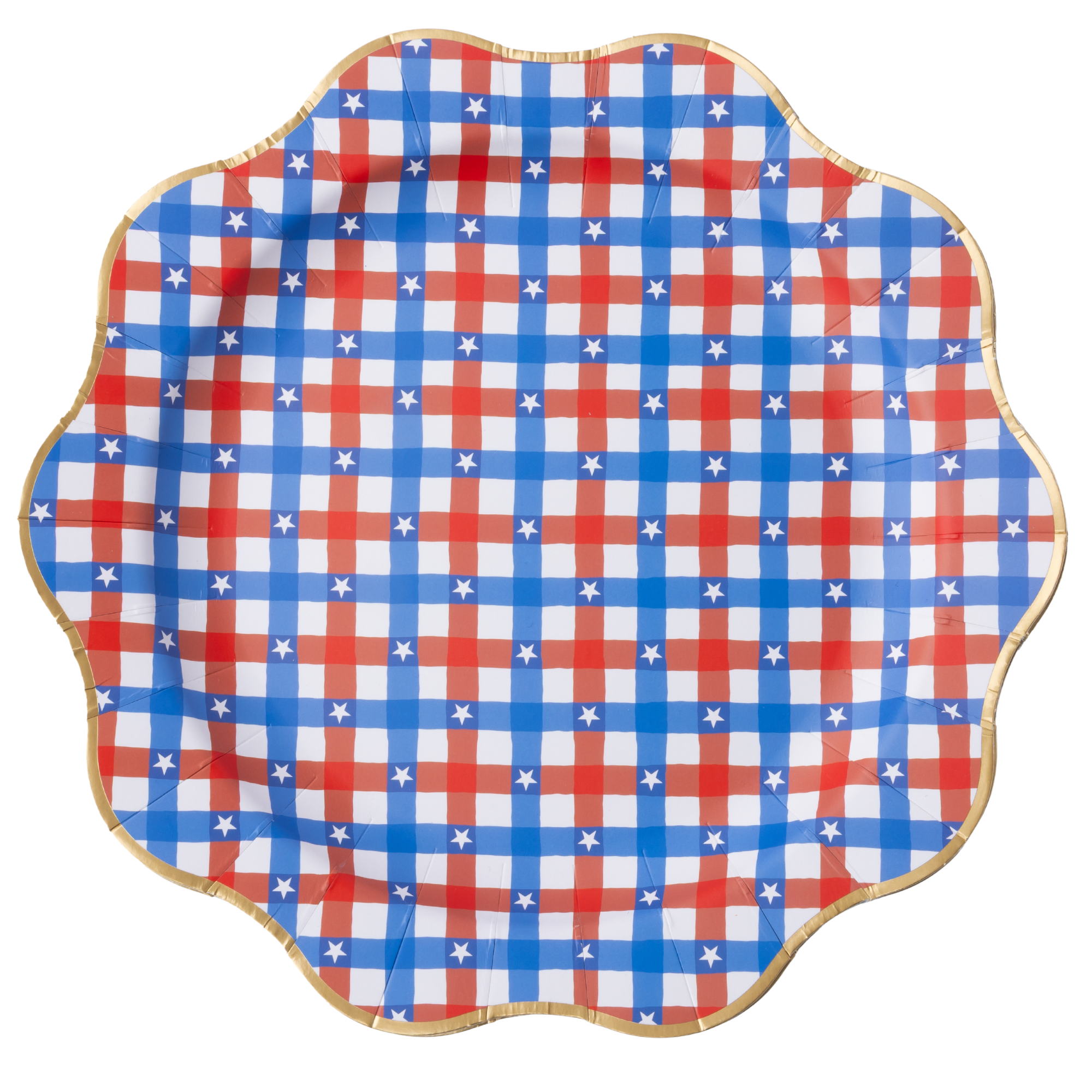 red blue gingham star dinner plate with gold rim on white background.