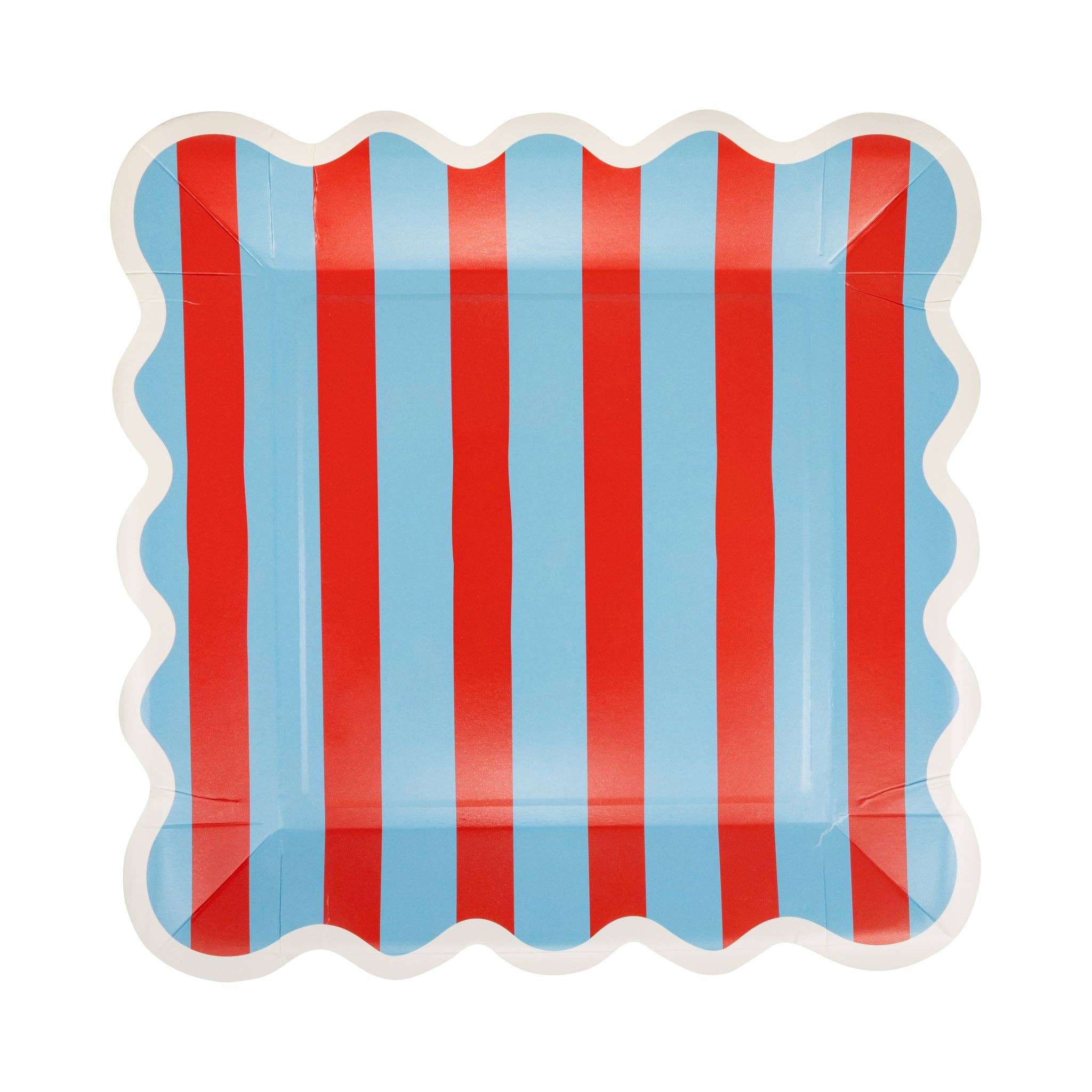 Single red and blue striped square scalloped paper plate flat lay on white background showing full stripe pattern and white scalloped border