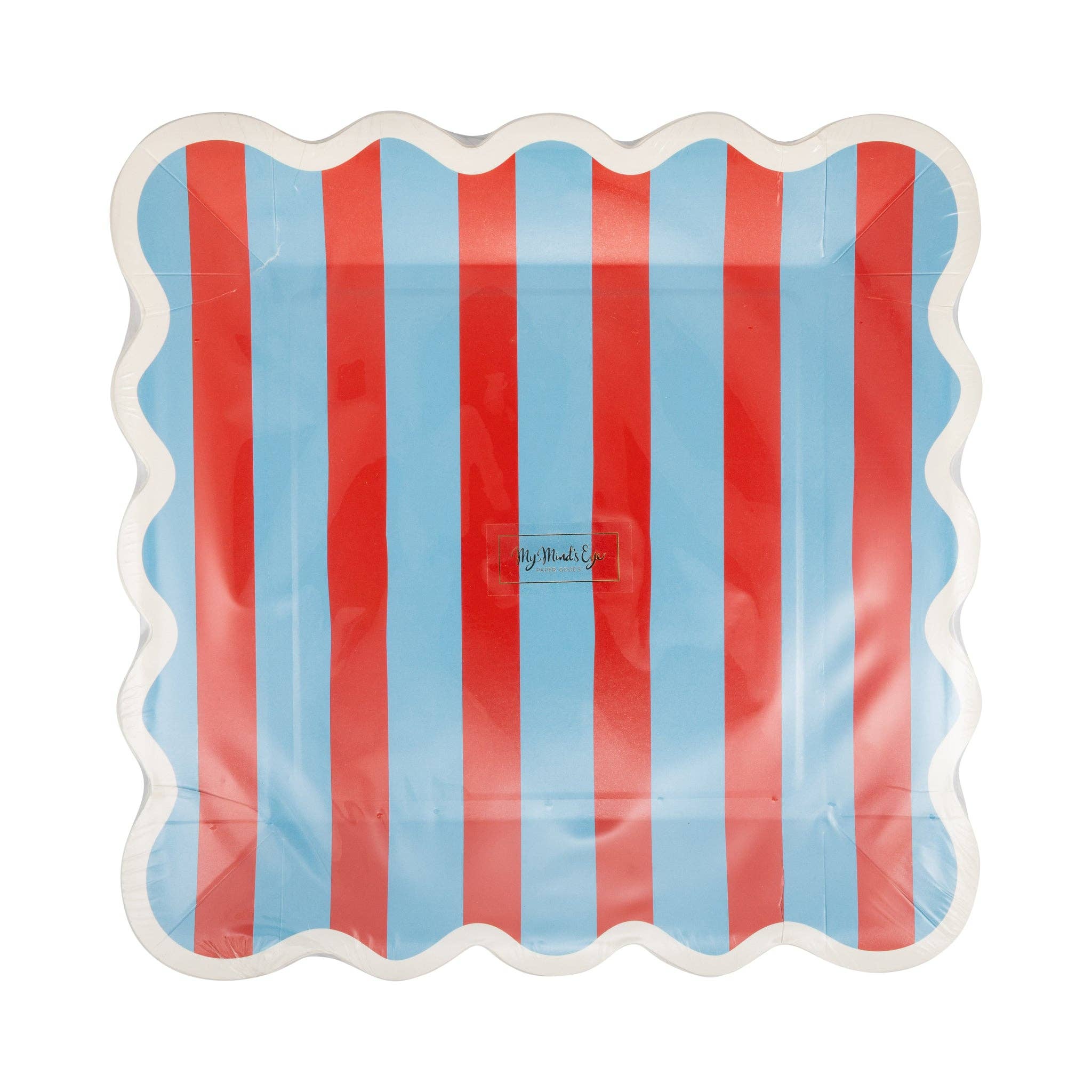 Front of red and blue striped square scalloped paper plate showing vertical red and blue stripes with white scalloped edge