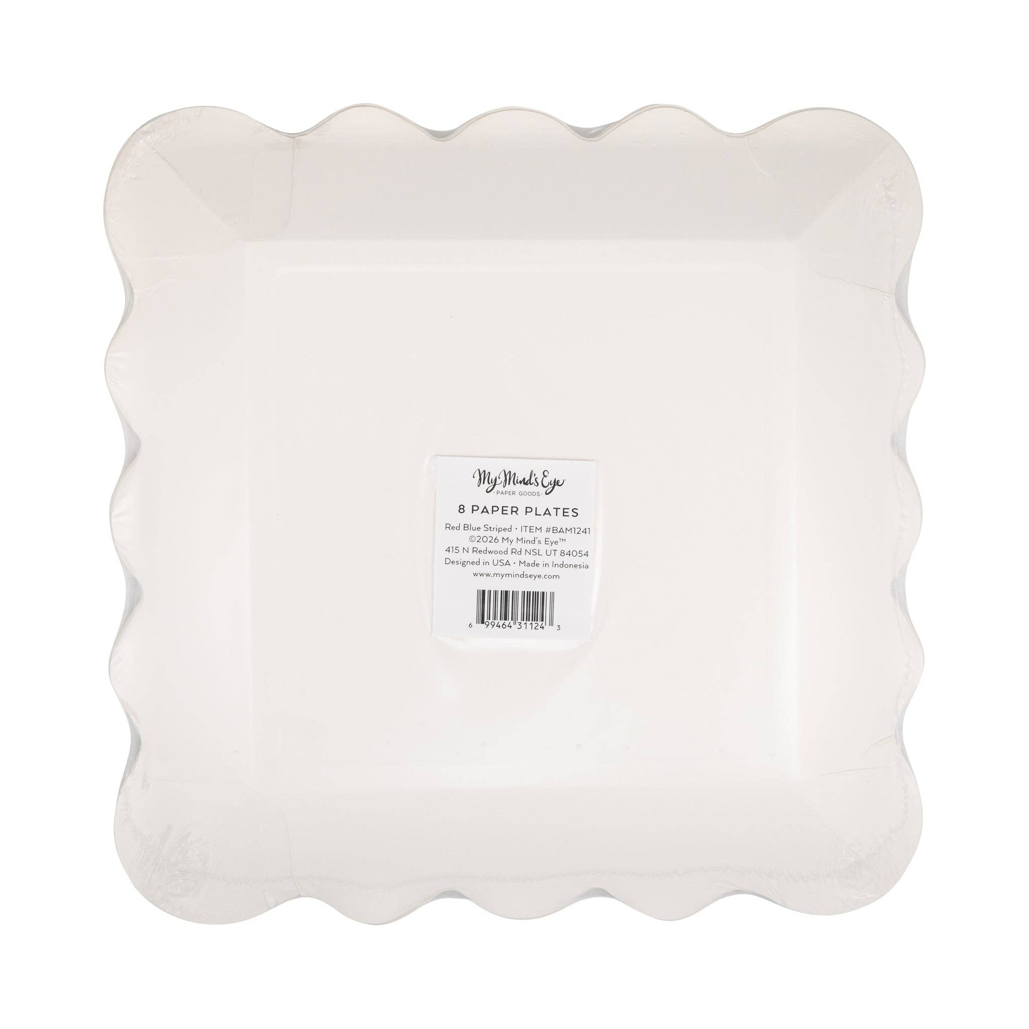 Back of red and blue striped scalloped paper plates showing white plate underside with product label and barcode