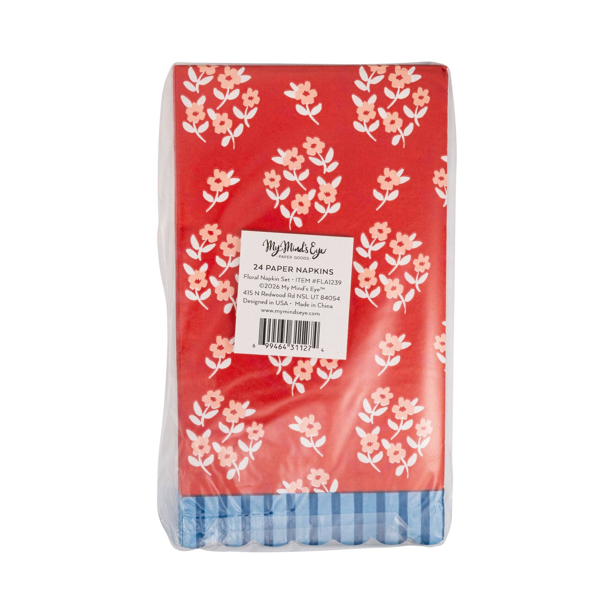 Back of red floral paper dinner napkin packaging showing 24-count label with blue striped scalloped edge