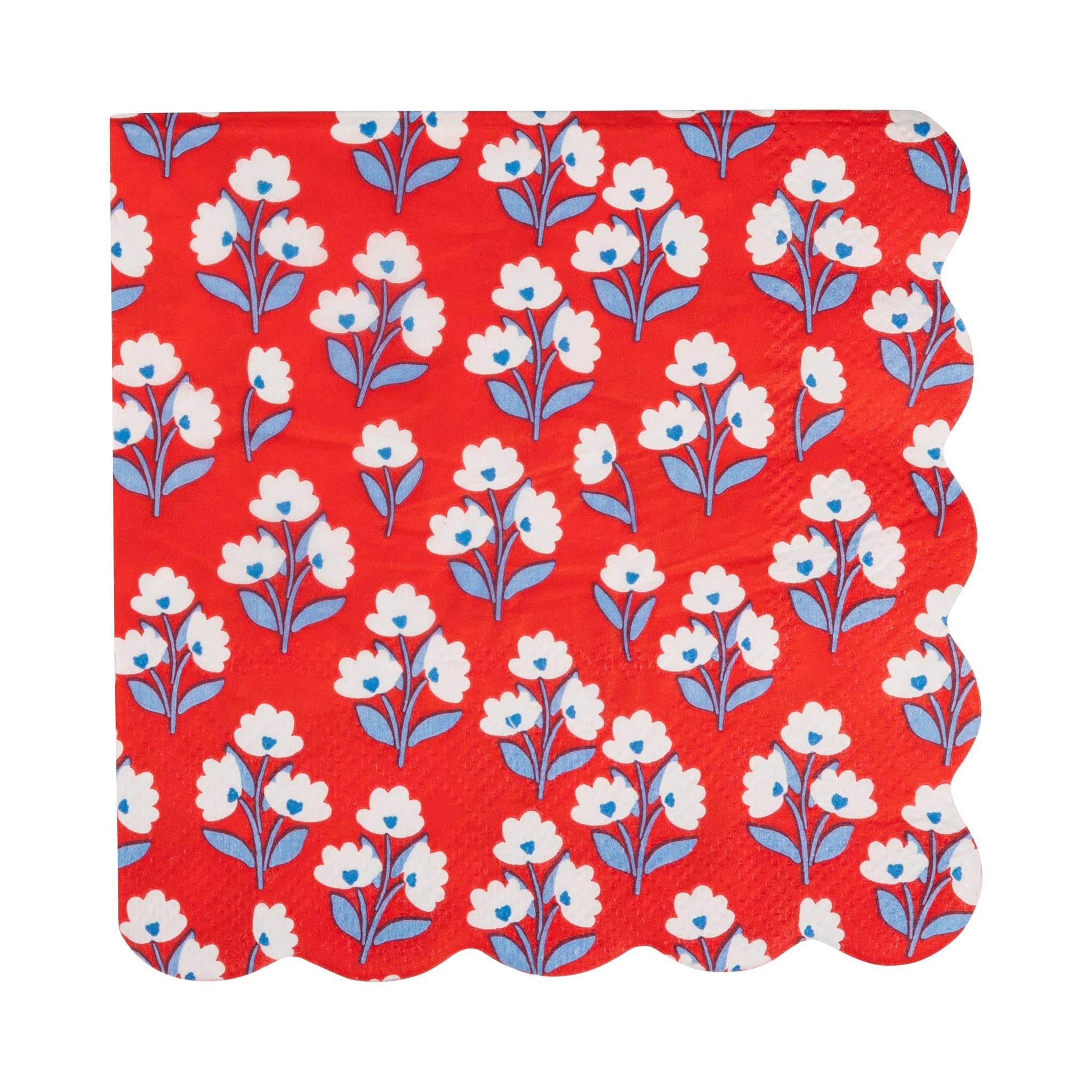 Single red folk flower floral paper cocktail napkin flat lay showing white flowers with blue centers and scalloped edge