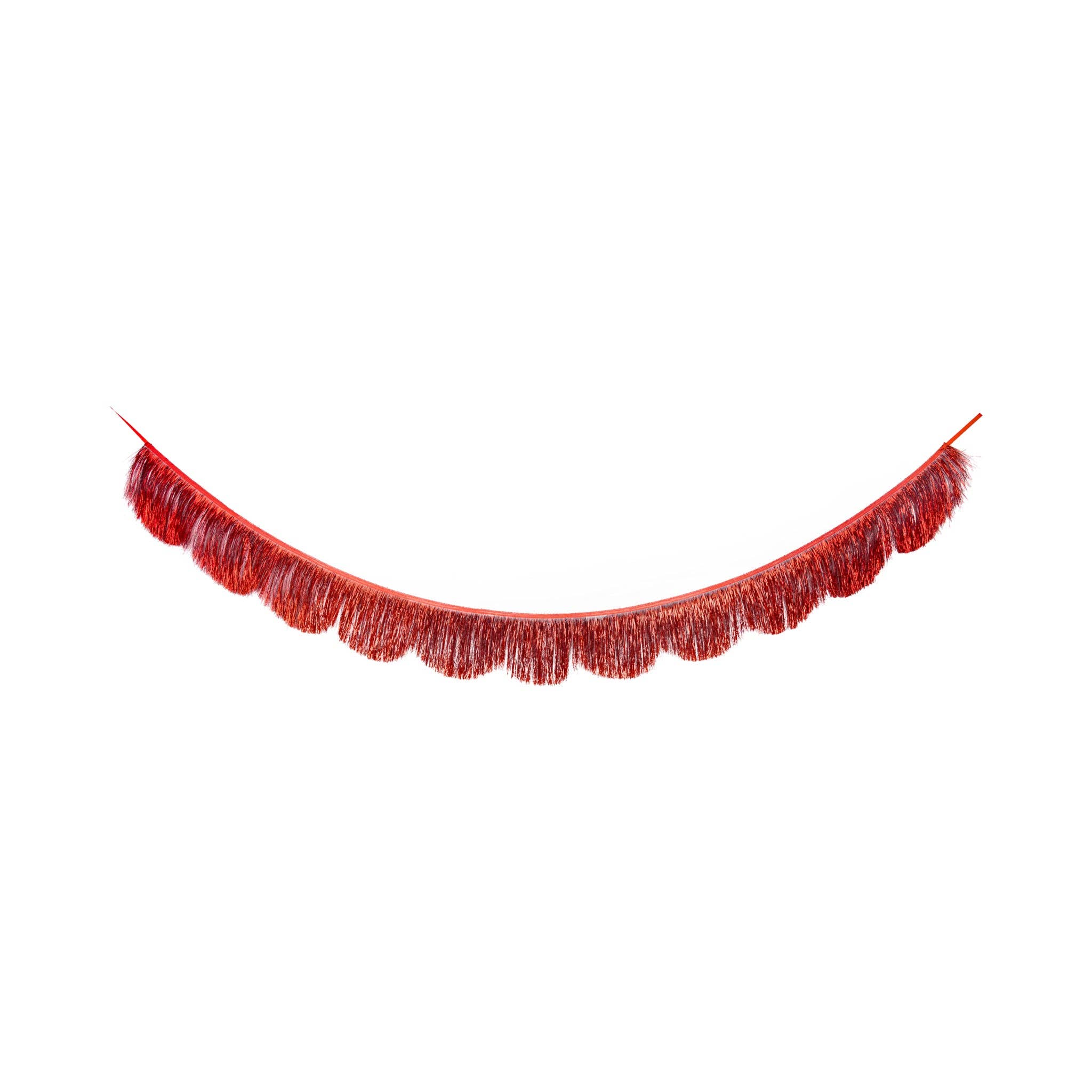 Red metallic mylar fringe banner with scalloped edge hung in a swag against a white background