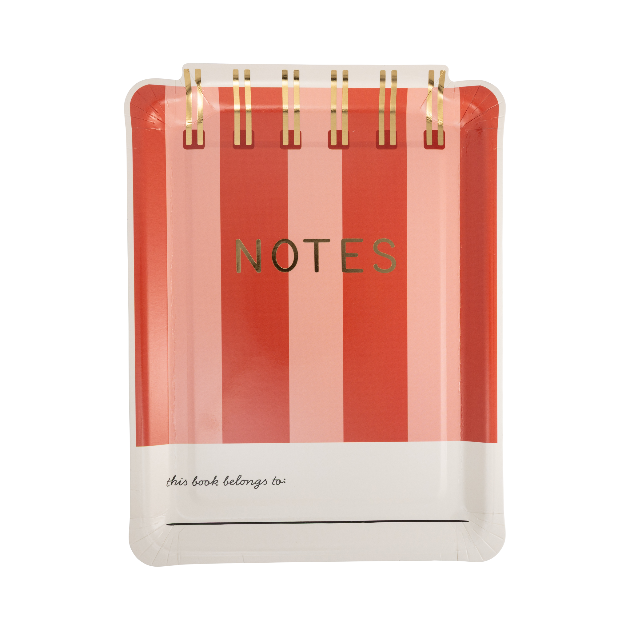 Red and pink striped notebook shaped paper plate with gold foil spiral binding, gold foil "NOTES" title, and "this book belongs to" writing line at bottom