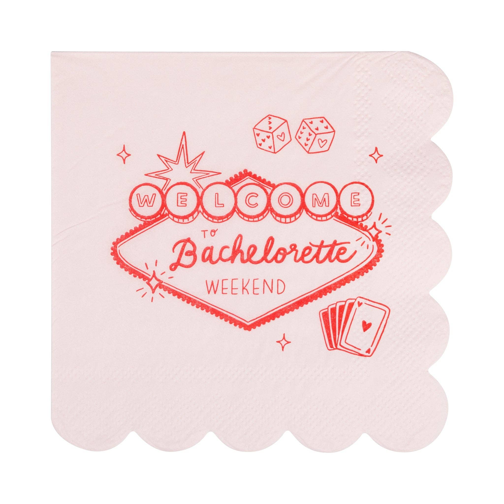 Single pink and red cocktail napkin showing the unique scalloped edge and Vegas graphics.