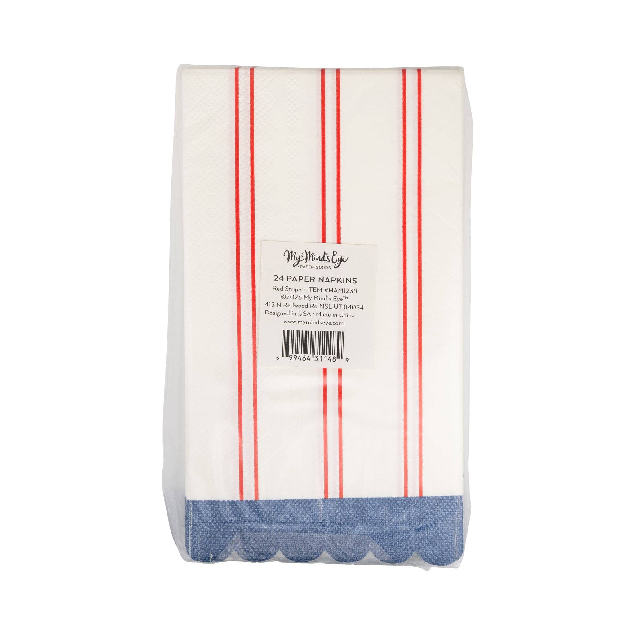 Back of red striped paper dinner napkin packaging showing 24-count label and blue scalloped fringe
