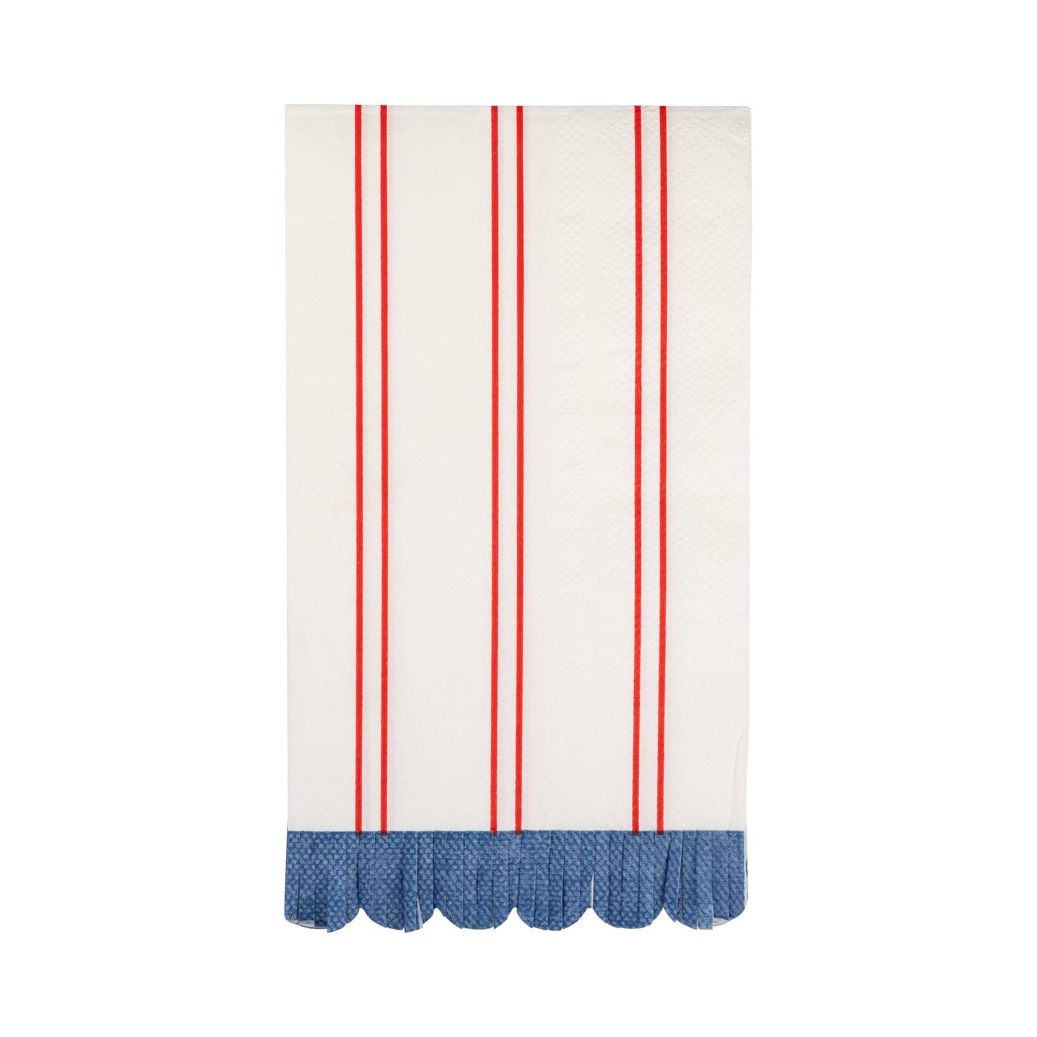 Single red striped paper dinner napkin flat lay showing pinstripe pattern and blue scalloped fringe edge