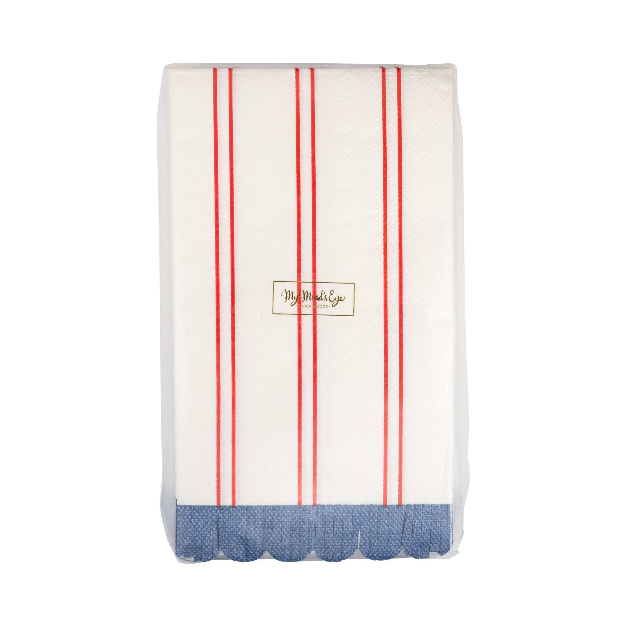 Front of red striped paper dinner napkin package with gold foil logo and blue scalloped fringe