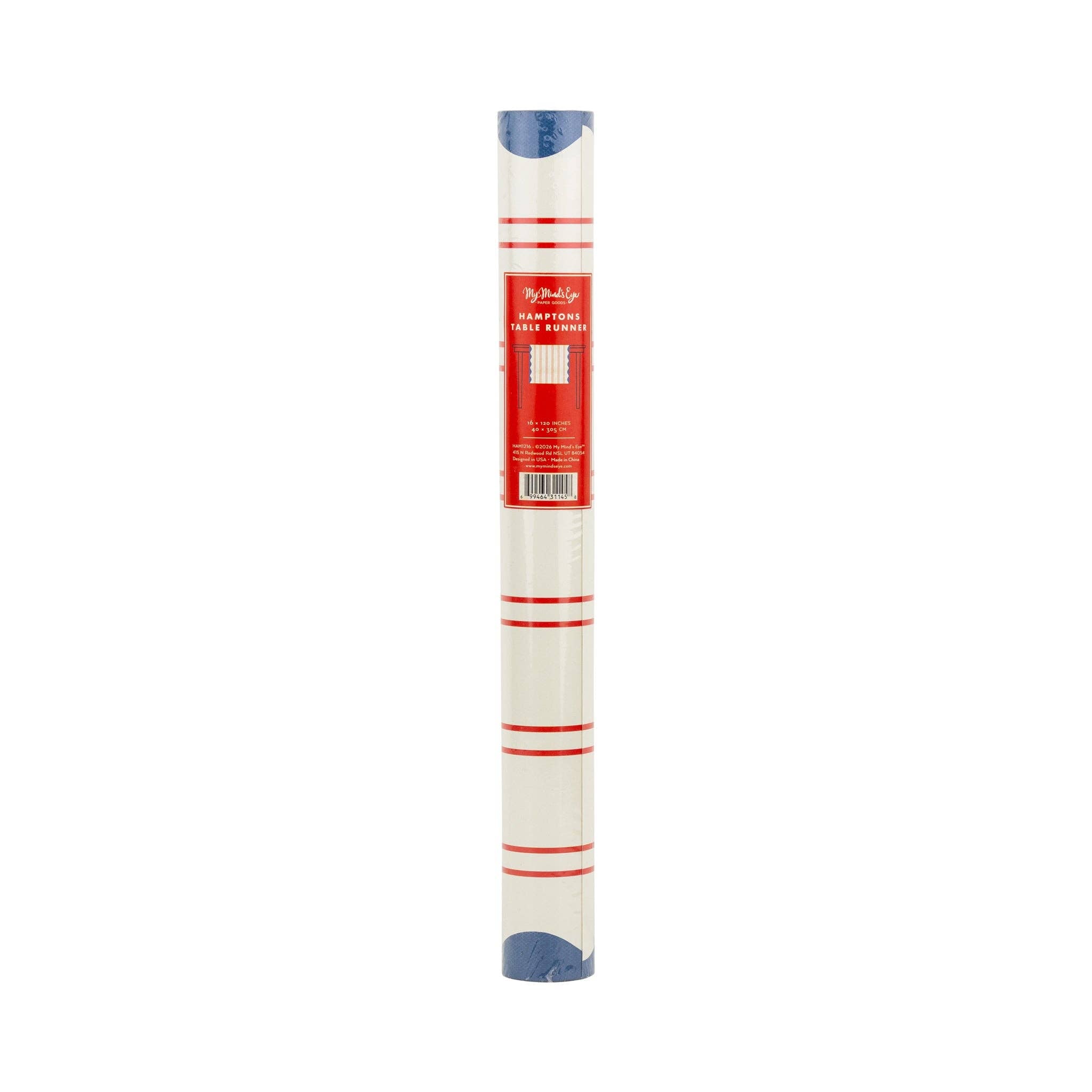 Red striped wave border paper table runner in rolled packaging with Hamptons label