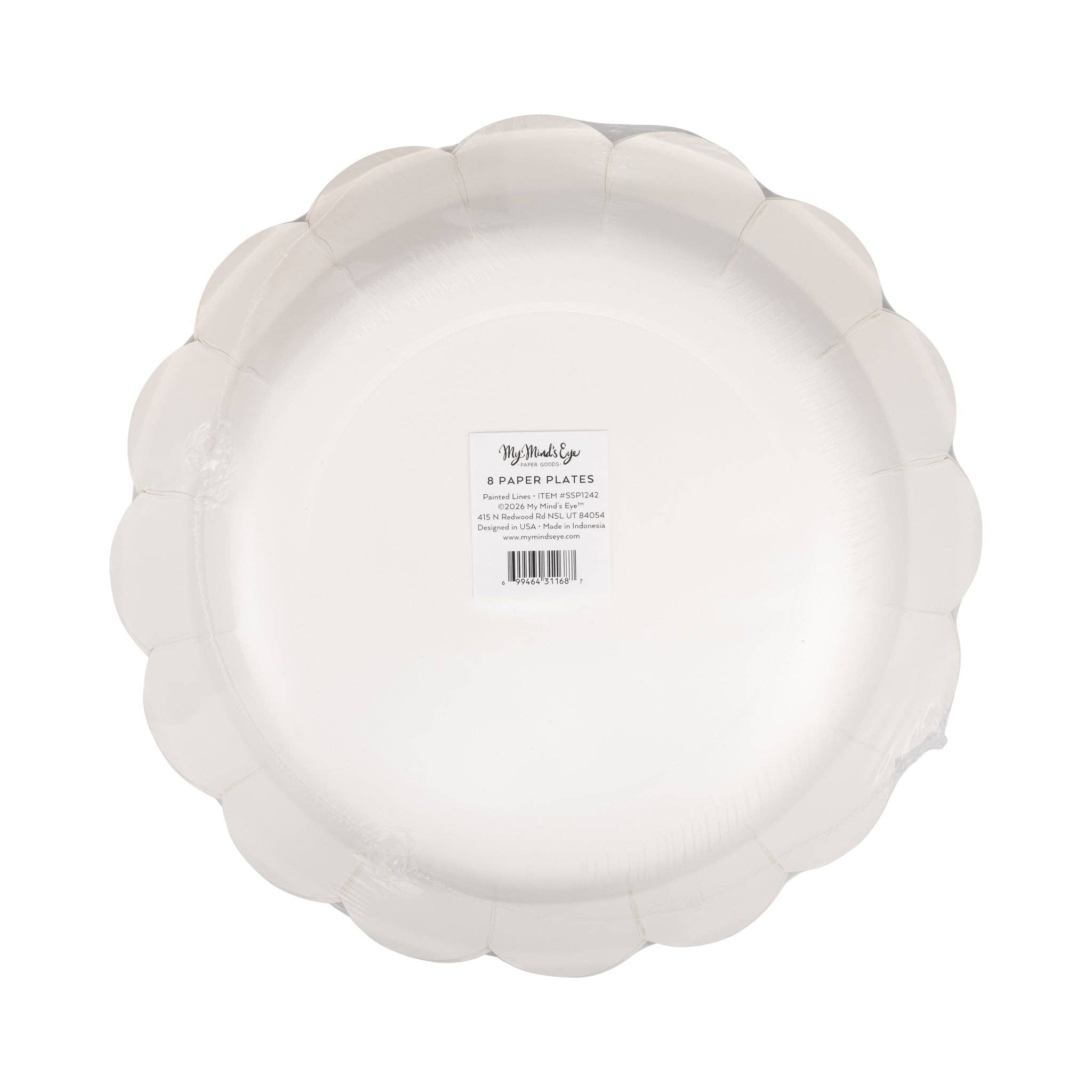 Back of packaging for red striped scalloped paper plates by My Mind's Eye showing 8 paper plates label and barcode