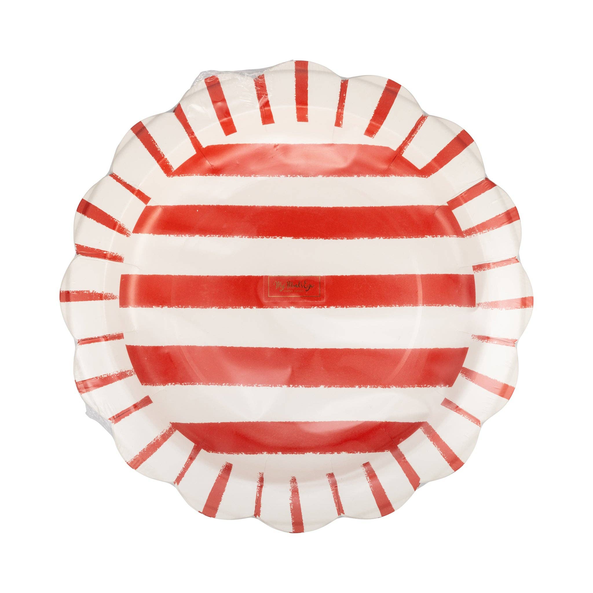 Front of red and cream striped scalloped paper dinner plate in cellophane packaging showing hand-painted stripe pattern