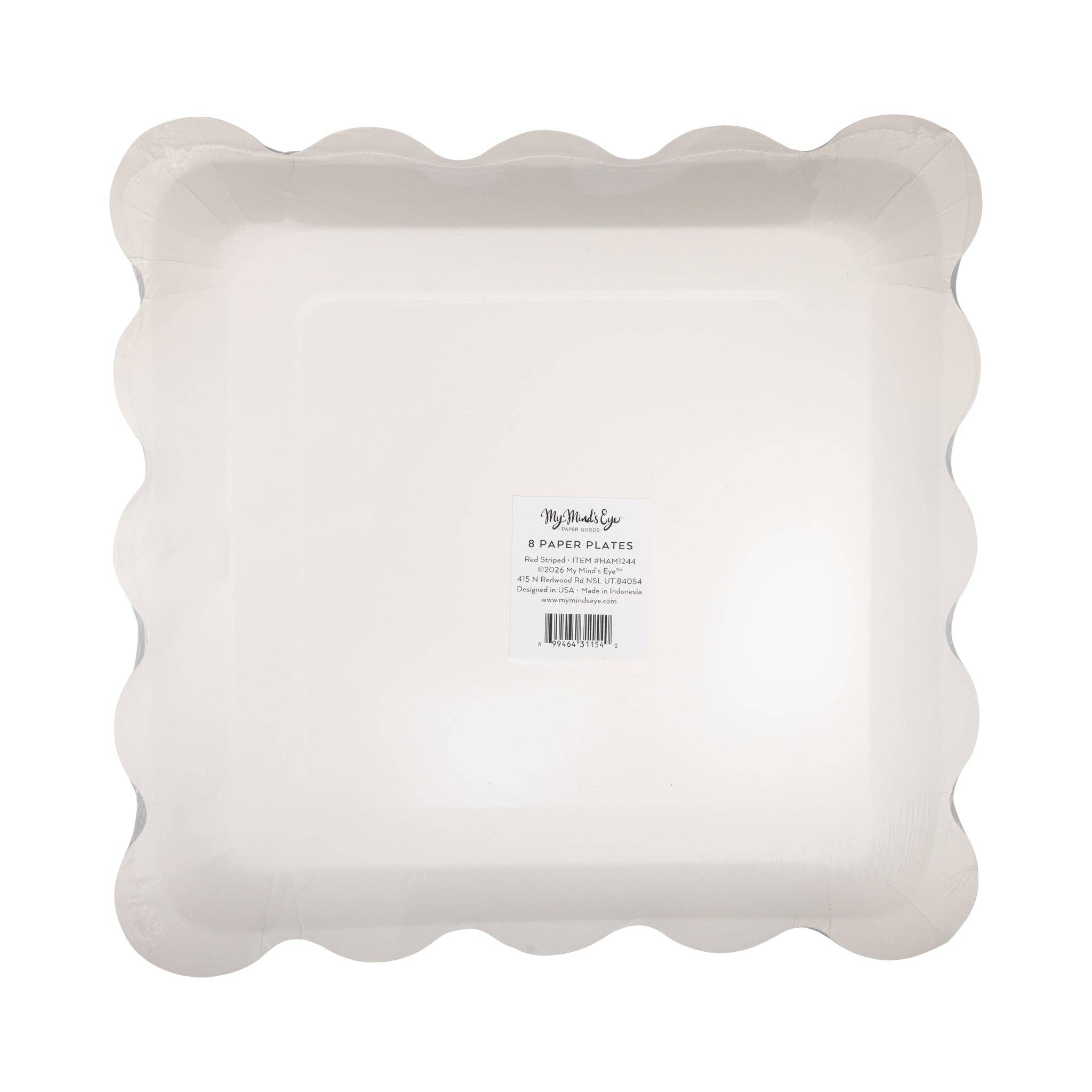 Back of red striped scalloped paper plate showing product label — 8 count, 11" size