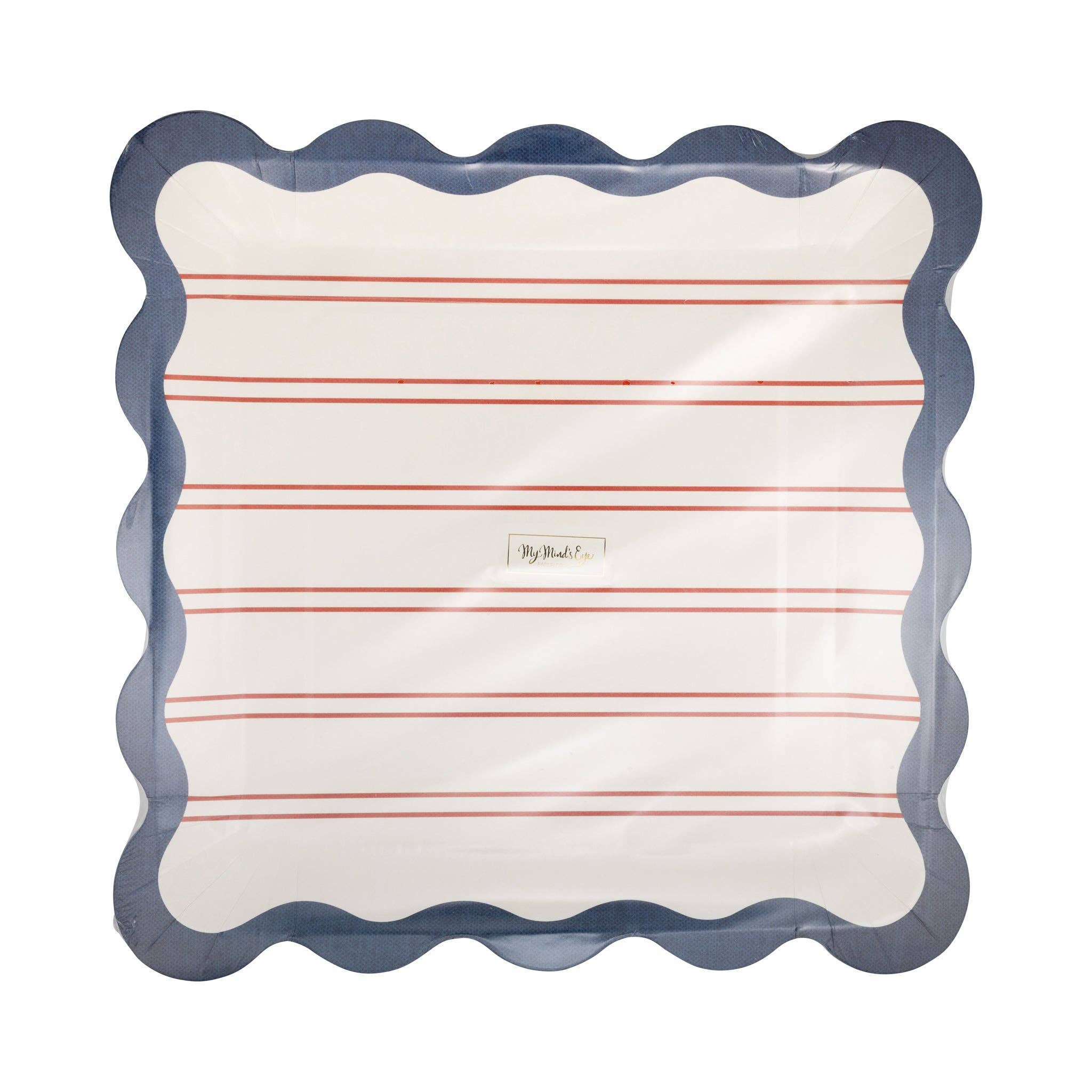 Red striped scalloped paper dinner plate showing red ticking stripes on cream base with navy scalloped border on white background