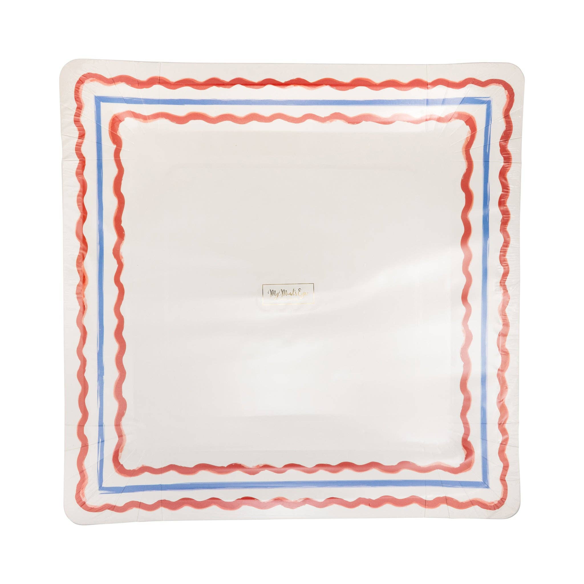 Front view of a cream square 11 inch paper dinner plate with a double red wavy rickrack border and thin blue pinstripe detail, shown at a slight angle on a white background