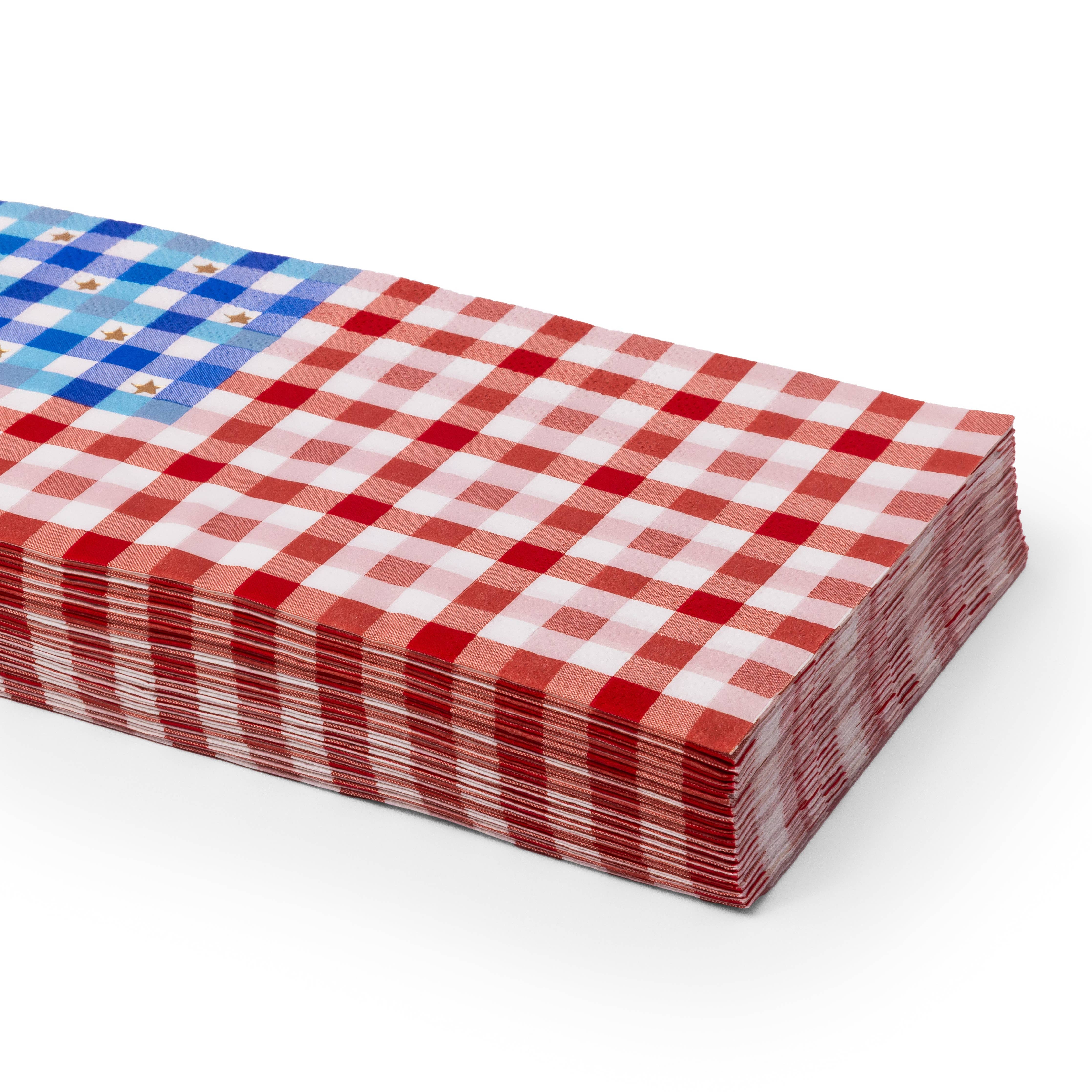 stack of red white blue guest towel napkins showing gingham pattern detail.