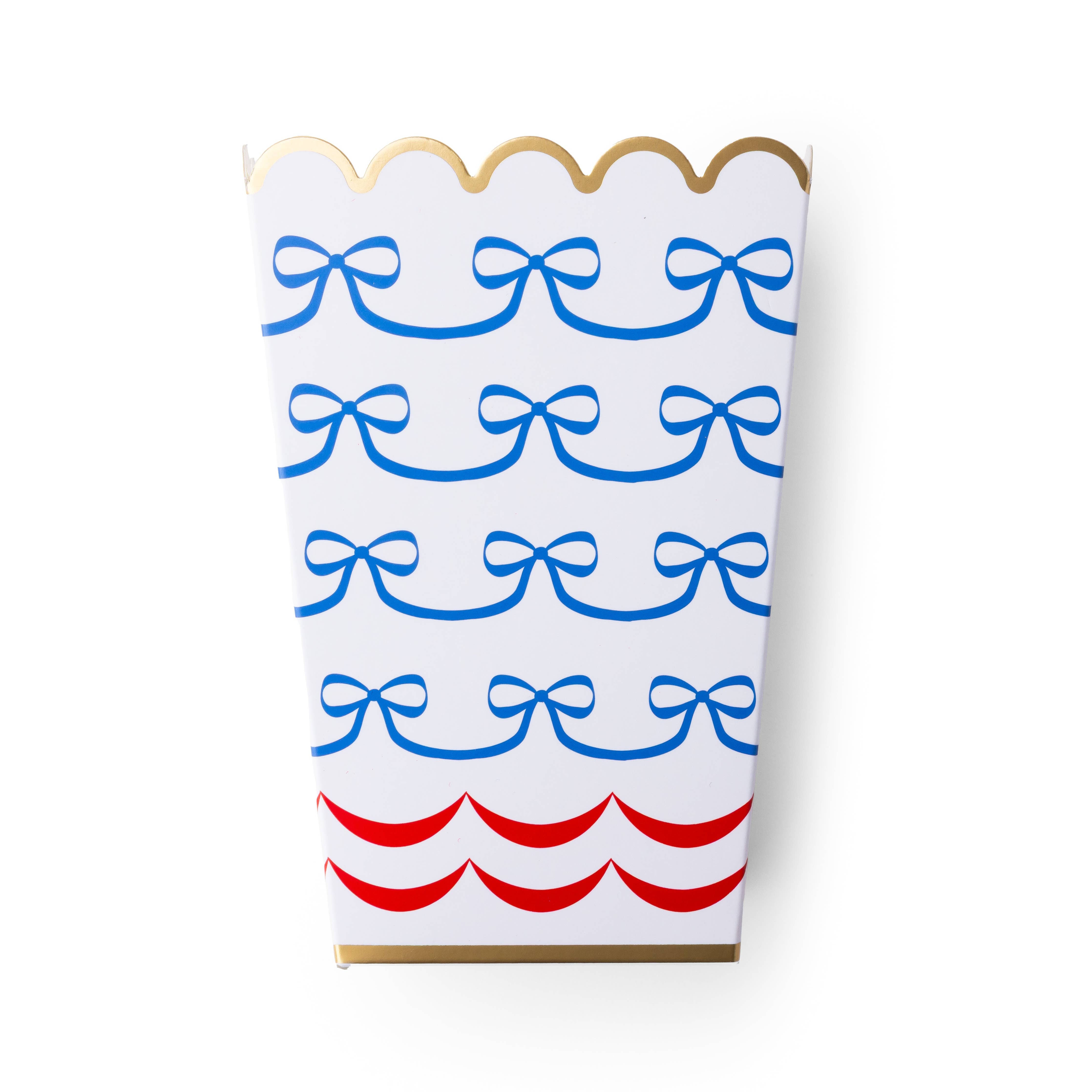 red white blue treat box with bow pattern and scalloped edge detail.