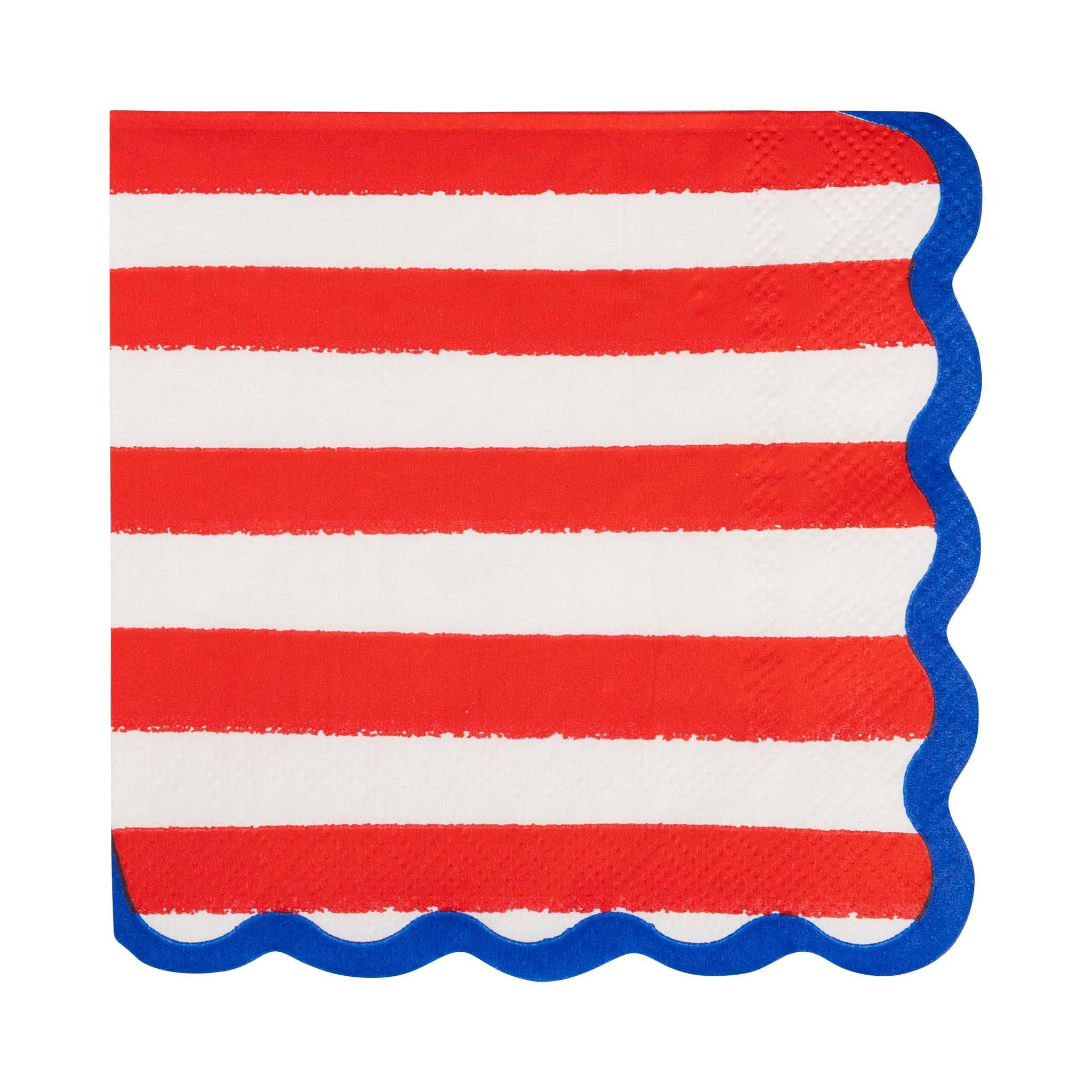 Flat lay of a red and white striped paper cocktail napkin with blue scalloped edge