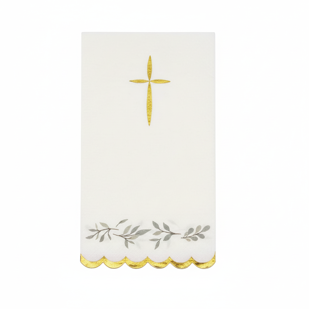 religious eucalyptus scalloped napkin with gold cross design
