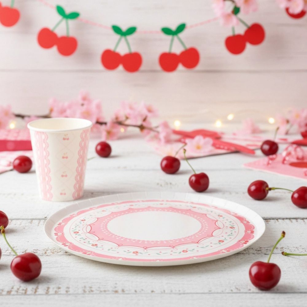 Cherry dessert plate styled on a white table with fresh cherries and pink flowers