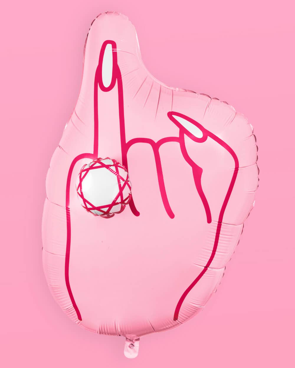 Front view of inflated pink ring finger diamond balloon on pink background showing full hand shape, hot pink line art, and 3D diamond ring