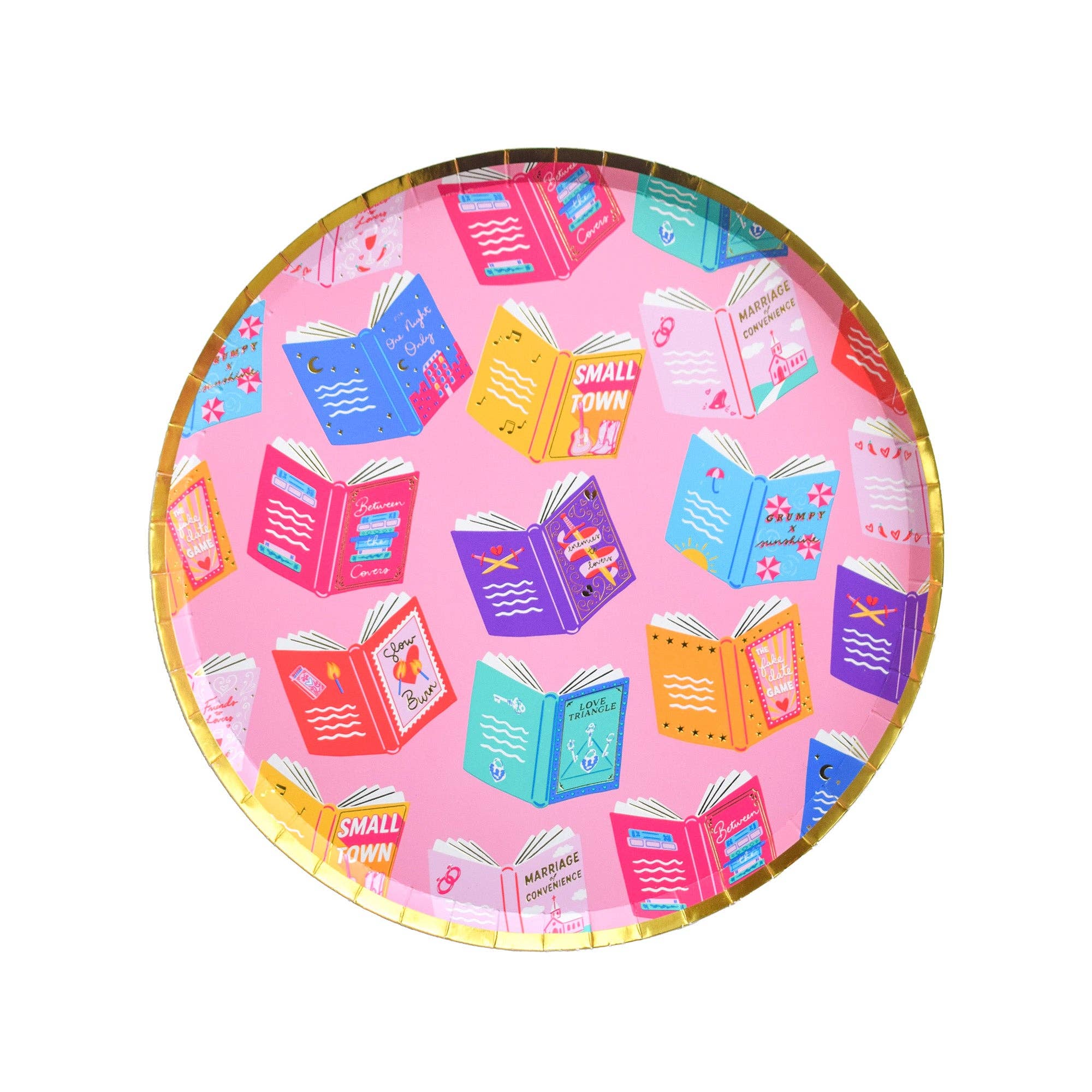 pink romcom dessert plate with colorful book illustrations
