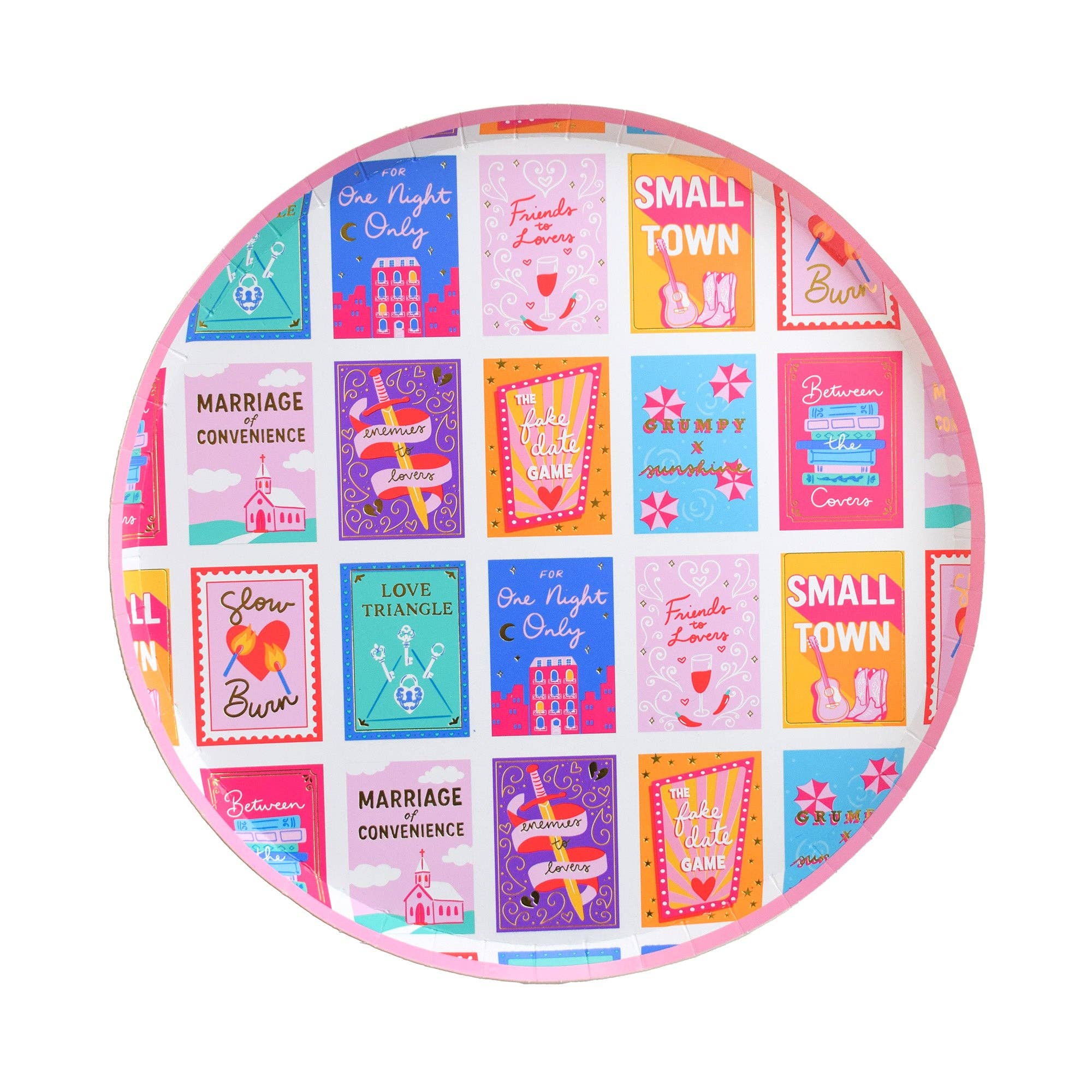 Pink romcom dinner plate with colorful book cover illustrations and gold rim